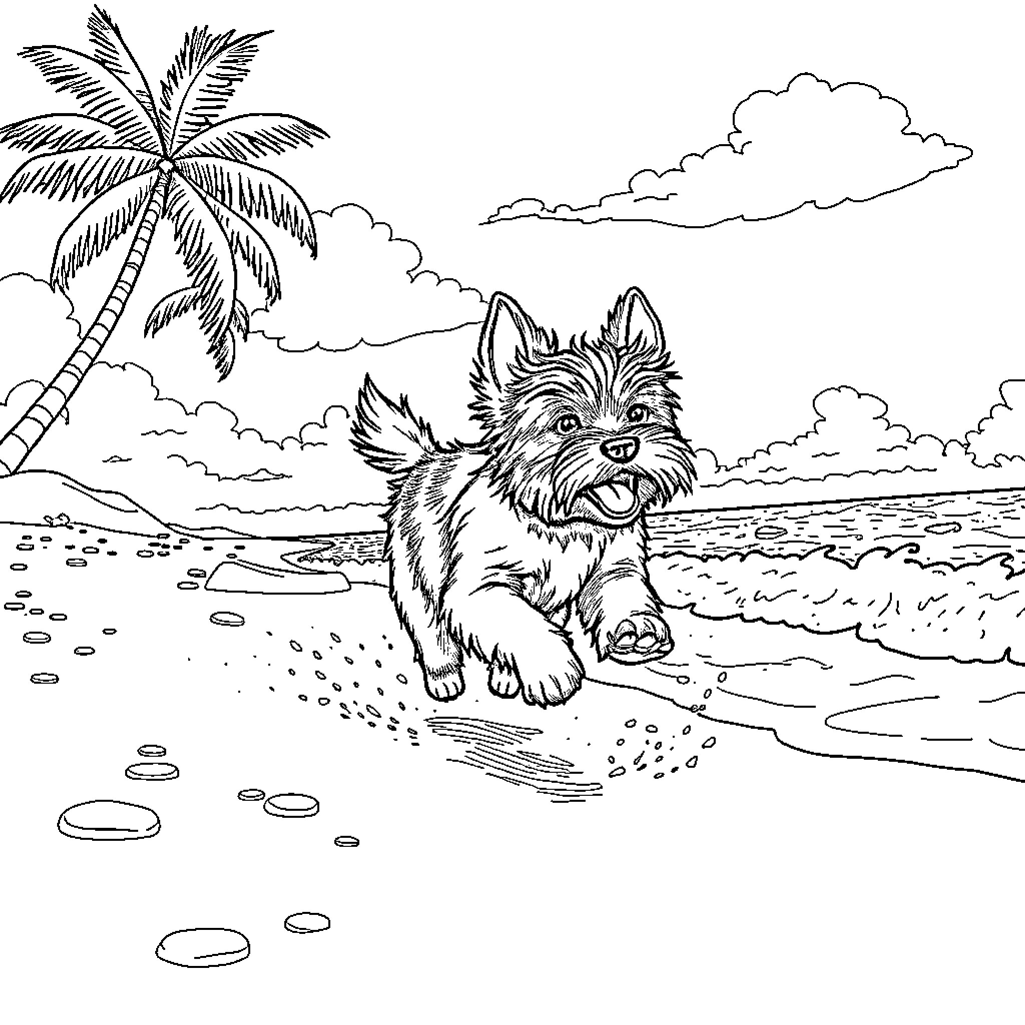 Cairn Terrier playing happily on the beach Coloring Page (free black-and-white line drawing printable PDF for all, from beginners to advanced learners, including children, teens, adults, and seniors)