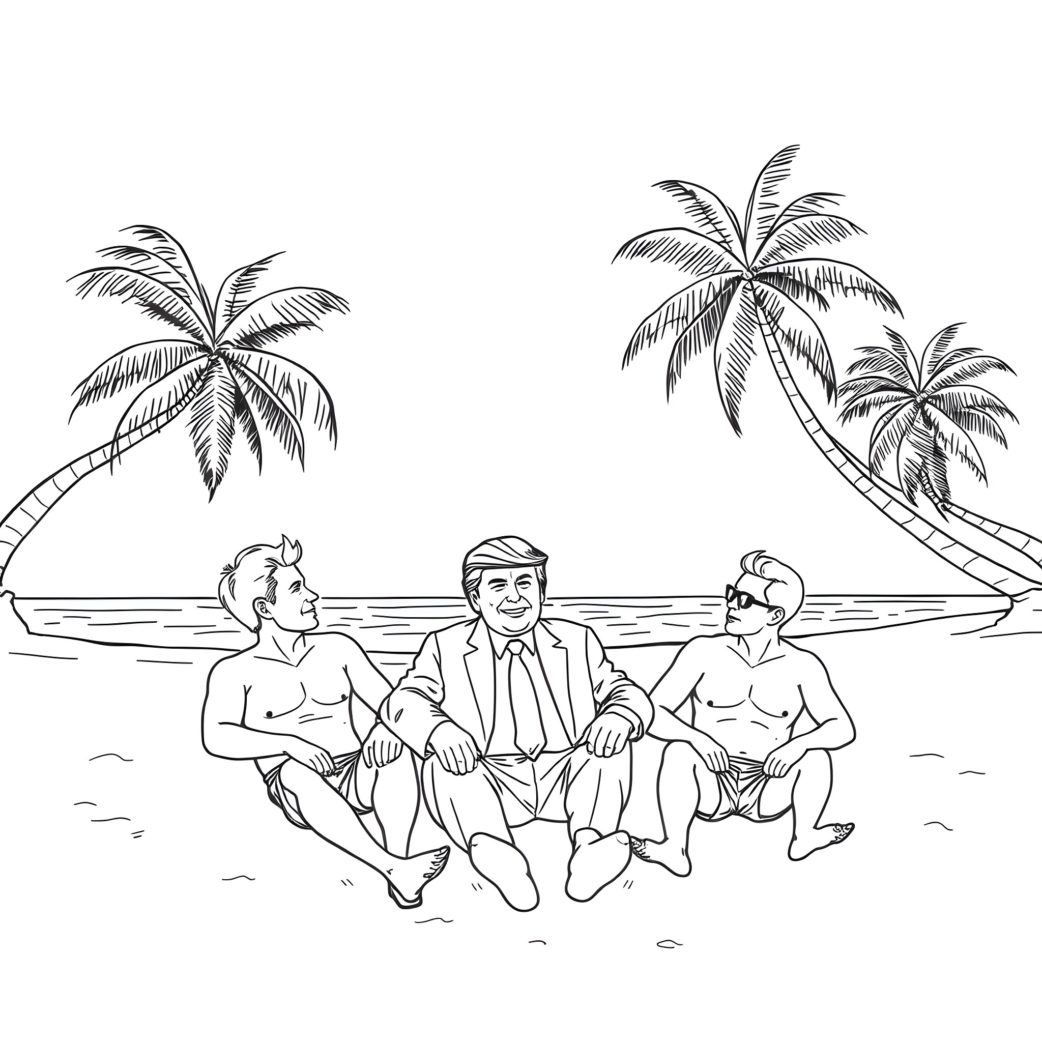 Pig men relaxing on the beach under palm trees Coloring Page (free black-and-white line drawing printable PDF for all, from beginners to advanced learners, including children, teens, adults, and seniors)