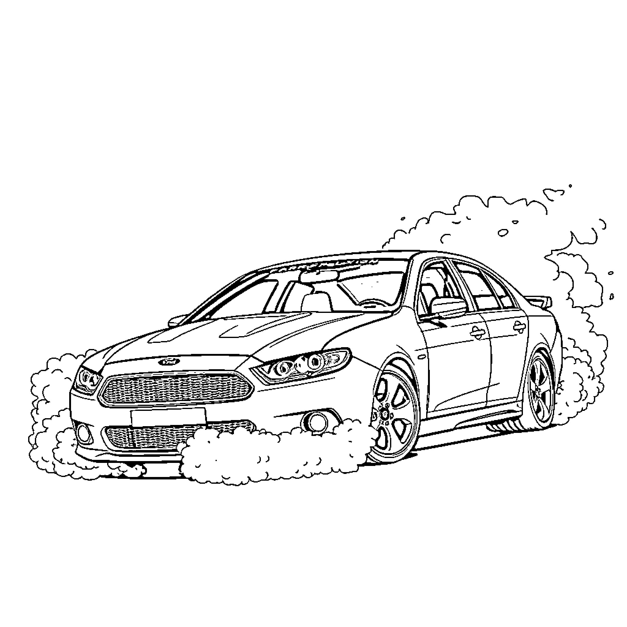 Ford car speeding down the road with smoke Coloring Page (free black-and-white line drawing printable PDF for all, from beginners to advanced learners, including children, teens, adults, and seniors)