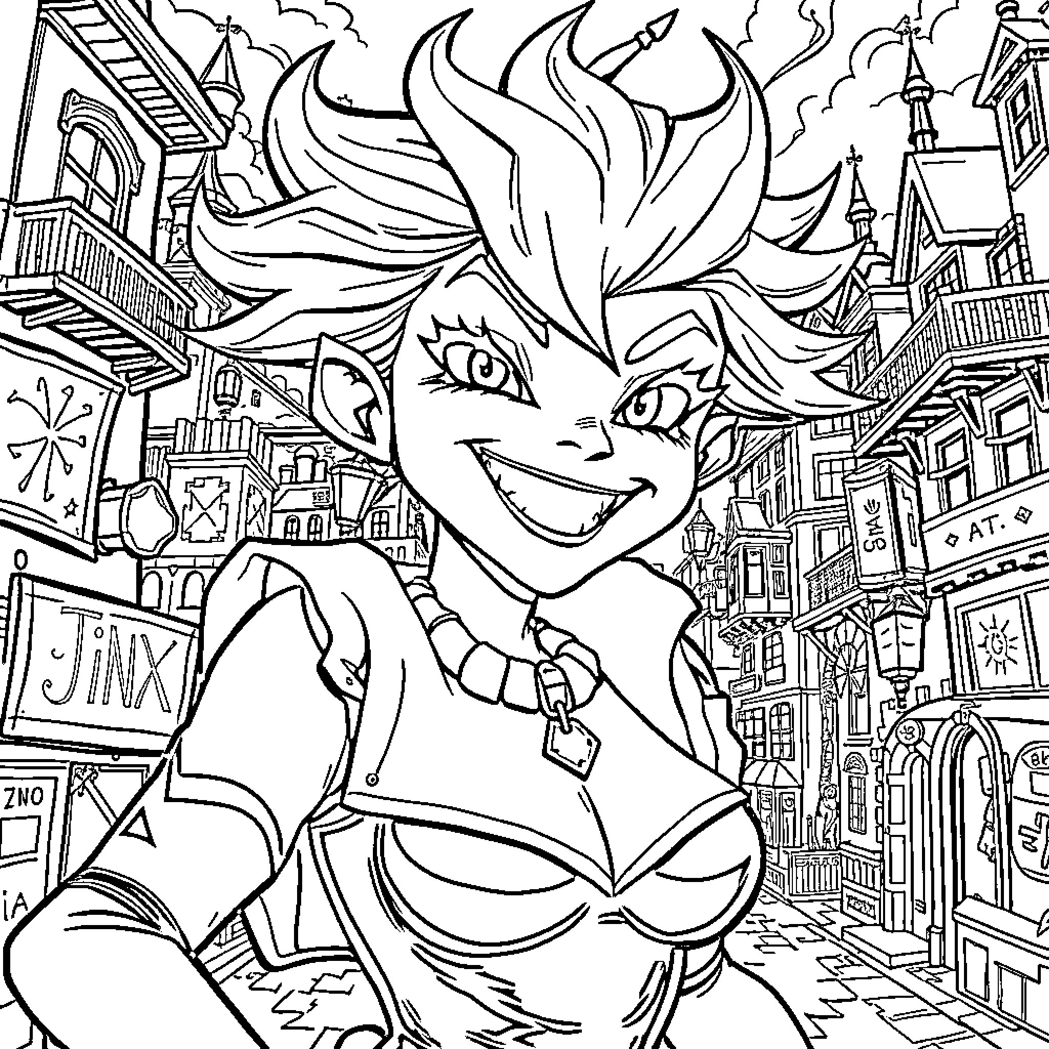 Jinx's Whimsical Adventure in the Vibrant City Coloring Page (free black-and-white line drawing printable PDF for all, from beginners to advanced learners, including children, teens, adults, and seniors)