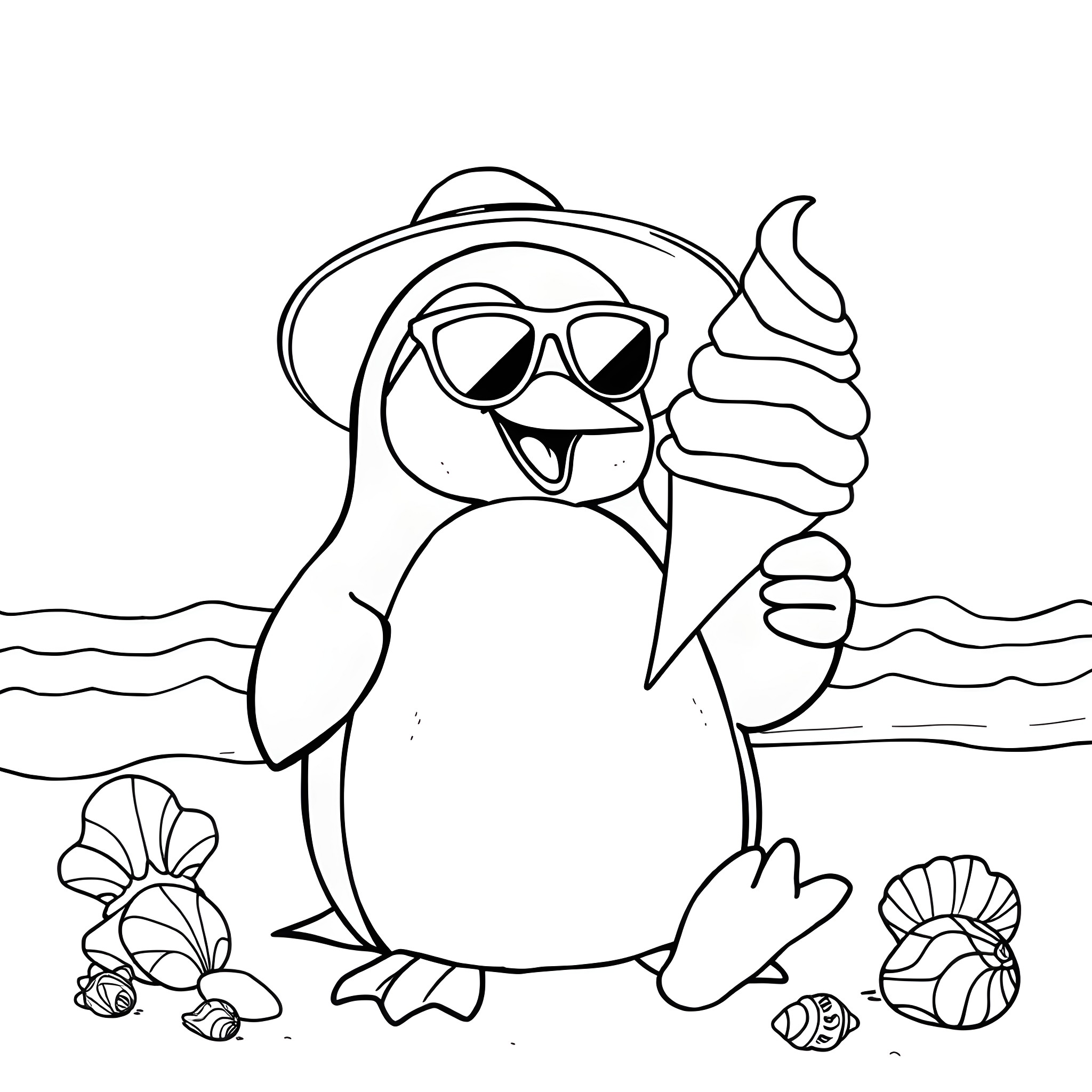 Penguin enjoying summer fun with ice cream Coloring Page (free black-and-white line drawing printable PDF for all, from beginners to advanced learners, including children, teens, adults, and seniors)