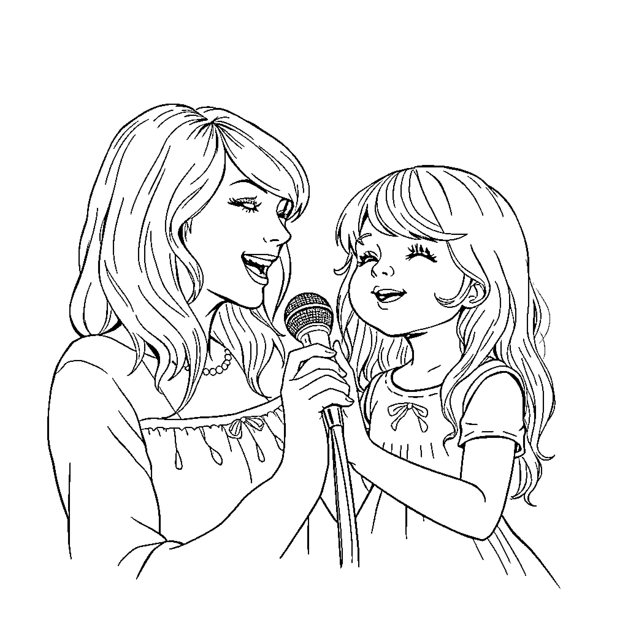 Taylor Swift performing onstage with young fan Coloring Page (free black-and-white line drawing printable PDF for all, from beginners to advanced learners, including children, teens, adults, and seniors)