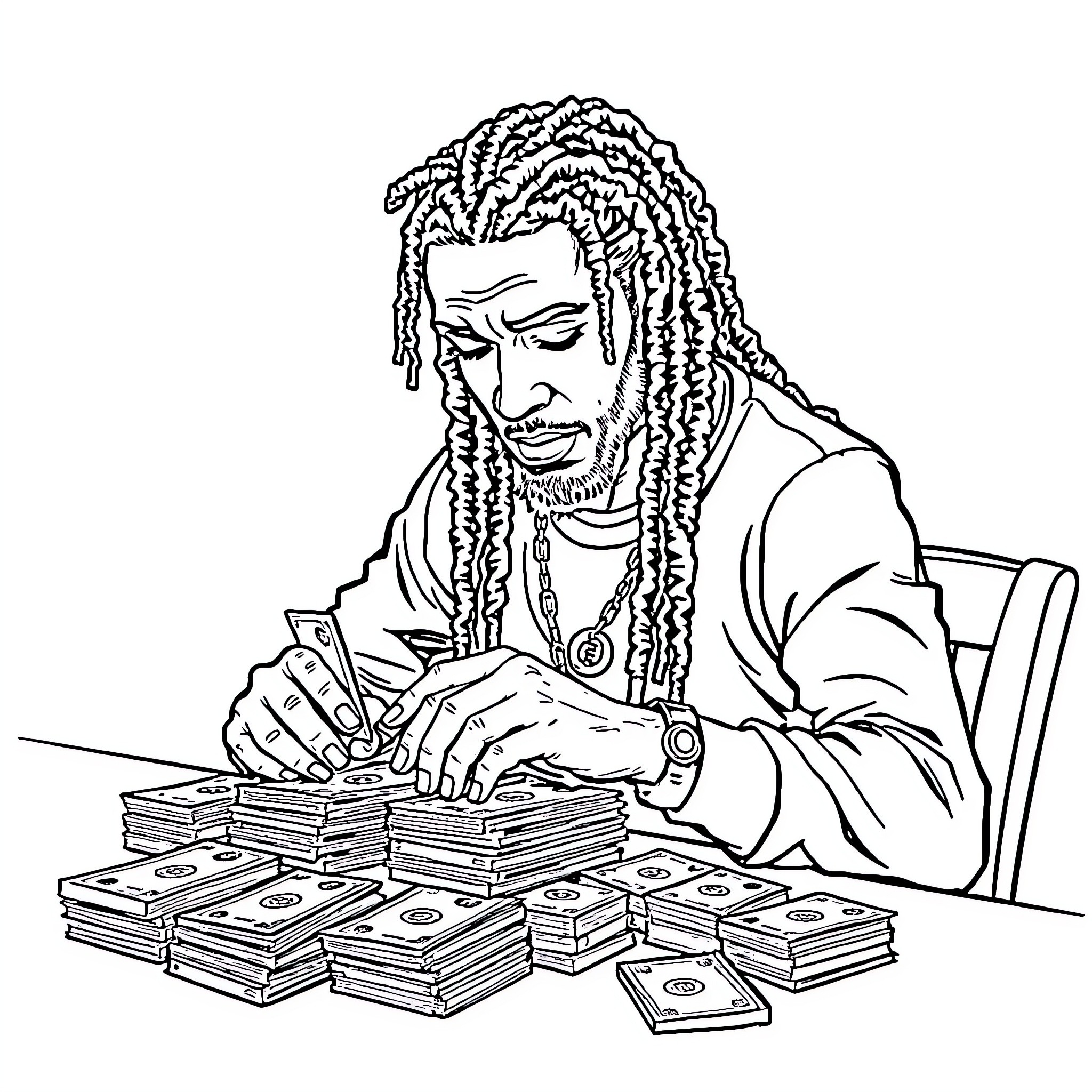 Guy counting money intently at the table Coloring Page (free black-and-white line drawing printable PDF for all, from beginners to advanced learners, including children, teens, adults, and seniors)