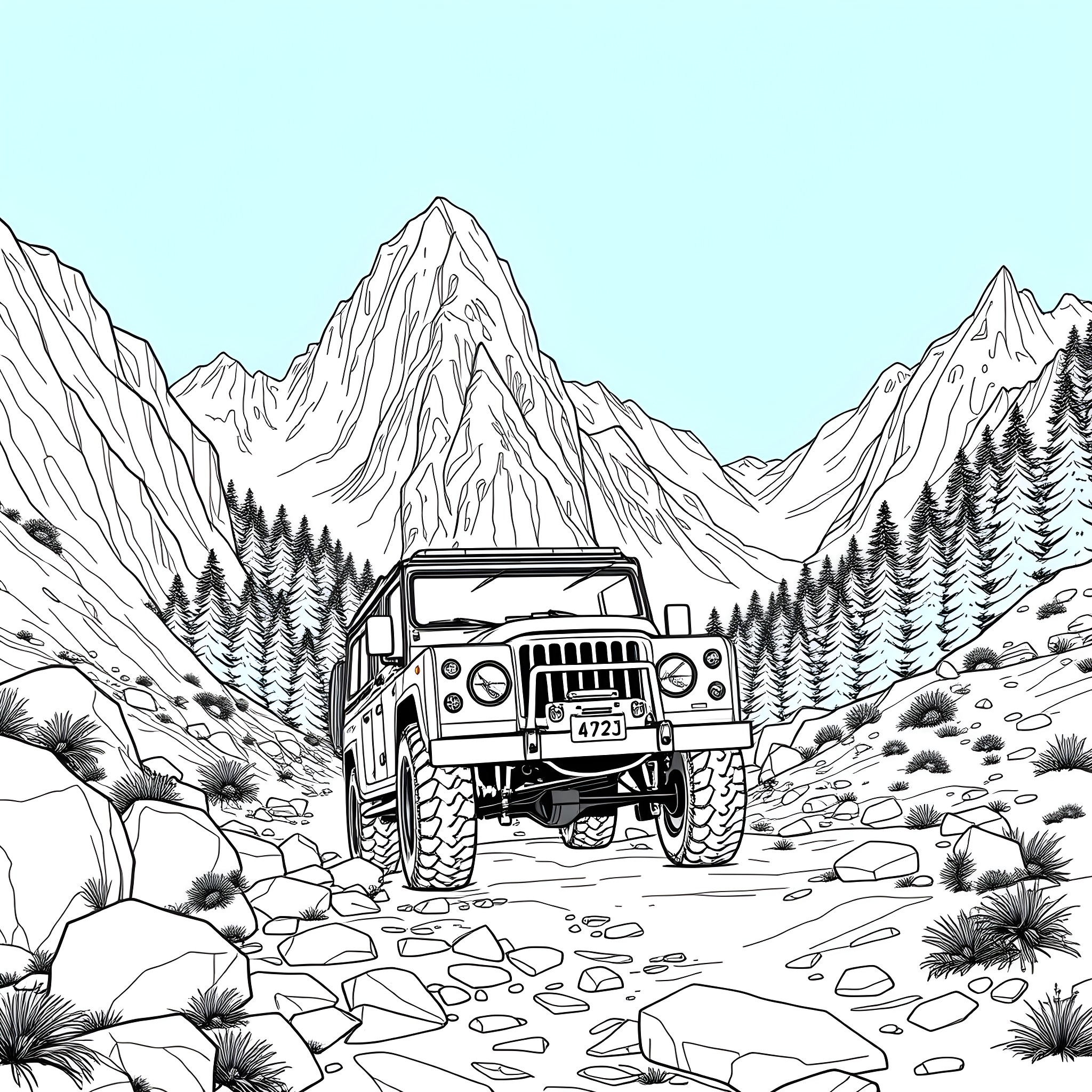 4x4 vehicle exploring rugged mountain landscape Coloring Page (free black-and-white line drawing printable PDF for all, from beginners to advanced learners, including children, teens, adults, and seniors)