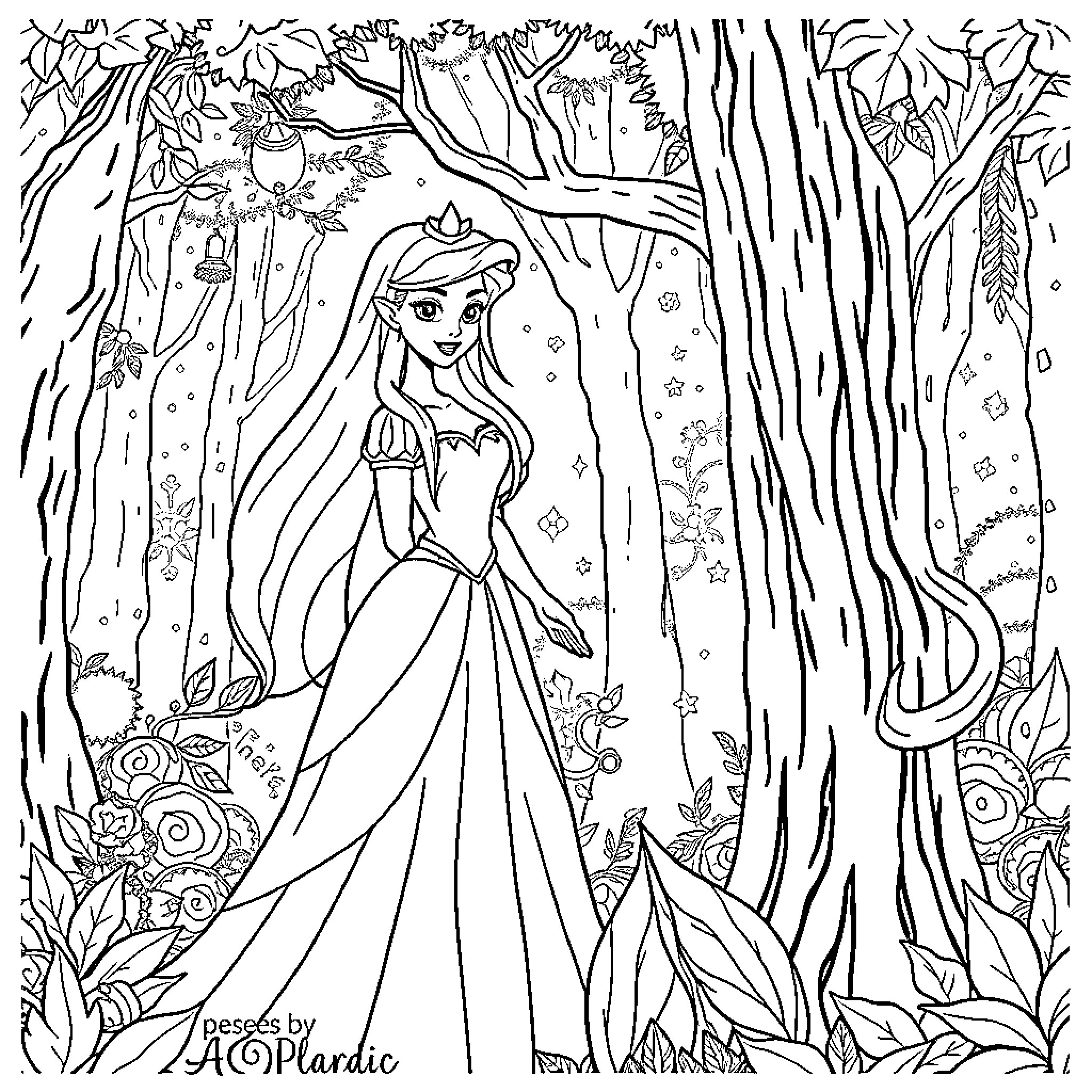 Ariel exploring the enchanted forest Coloring Page (free black-and-white line drawing printable PDF for all, from beginners to advanced learners, including children, teens, adults, and seniors)