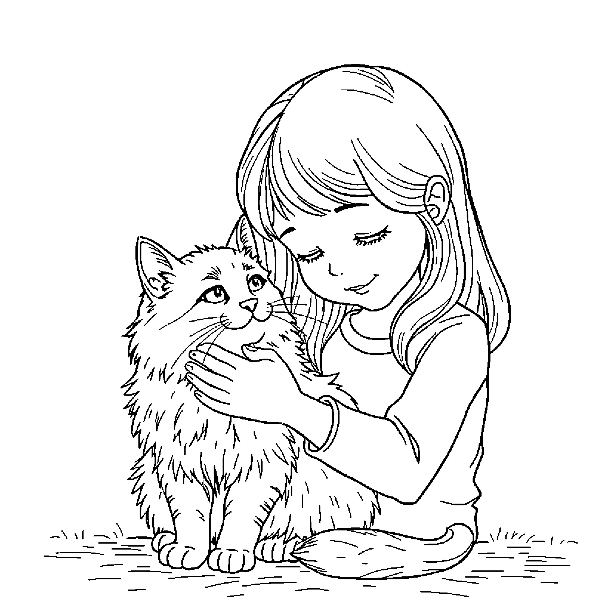 Fille holding and petting a furry cat Coloring Page (free black-and-white line drawing printable PDF for all, from beginners to advanced learners, including children, teens, adults, and seniors)