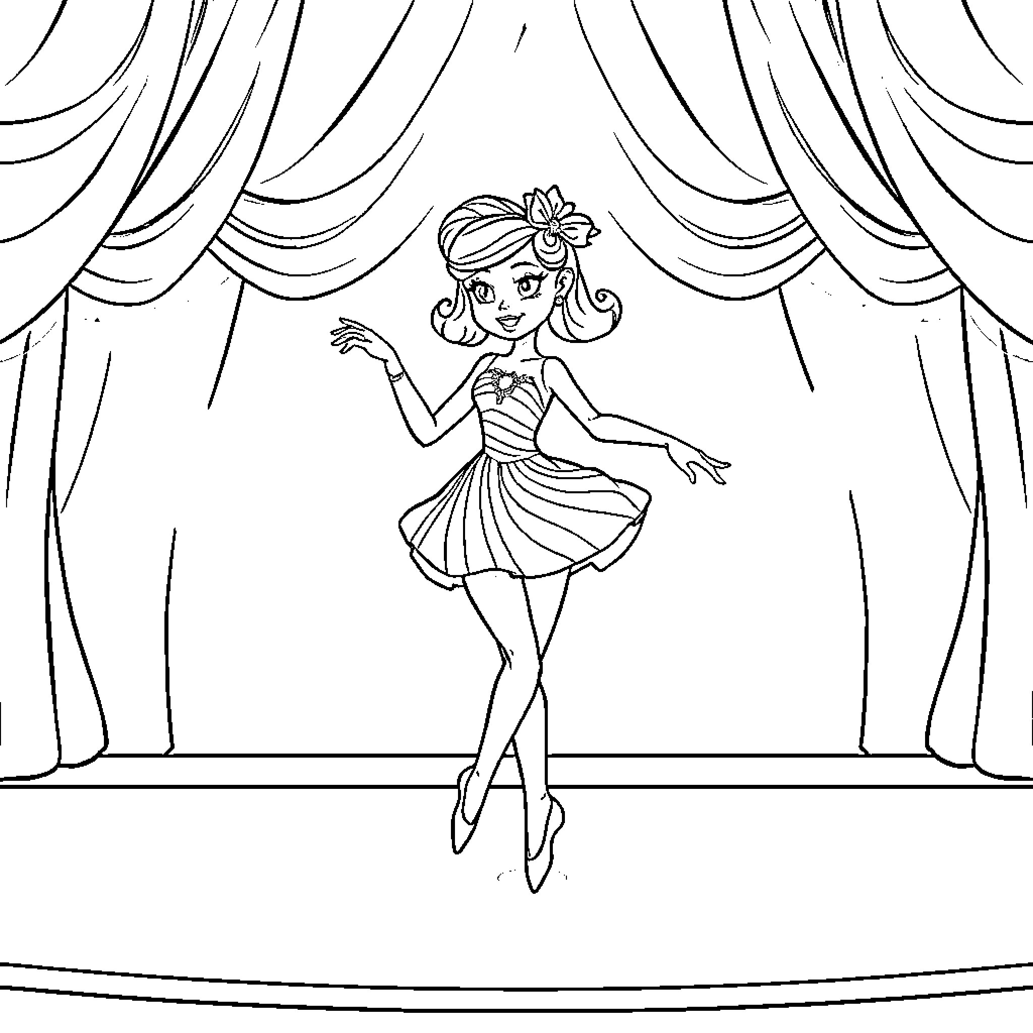 Peppermint Princess performing on stage Coloring Page (free black-and-white line drawing printable PDF for all, from beginners to advanced learners, including children, teens, adults, and seniors)
