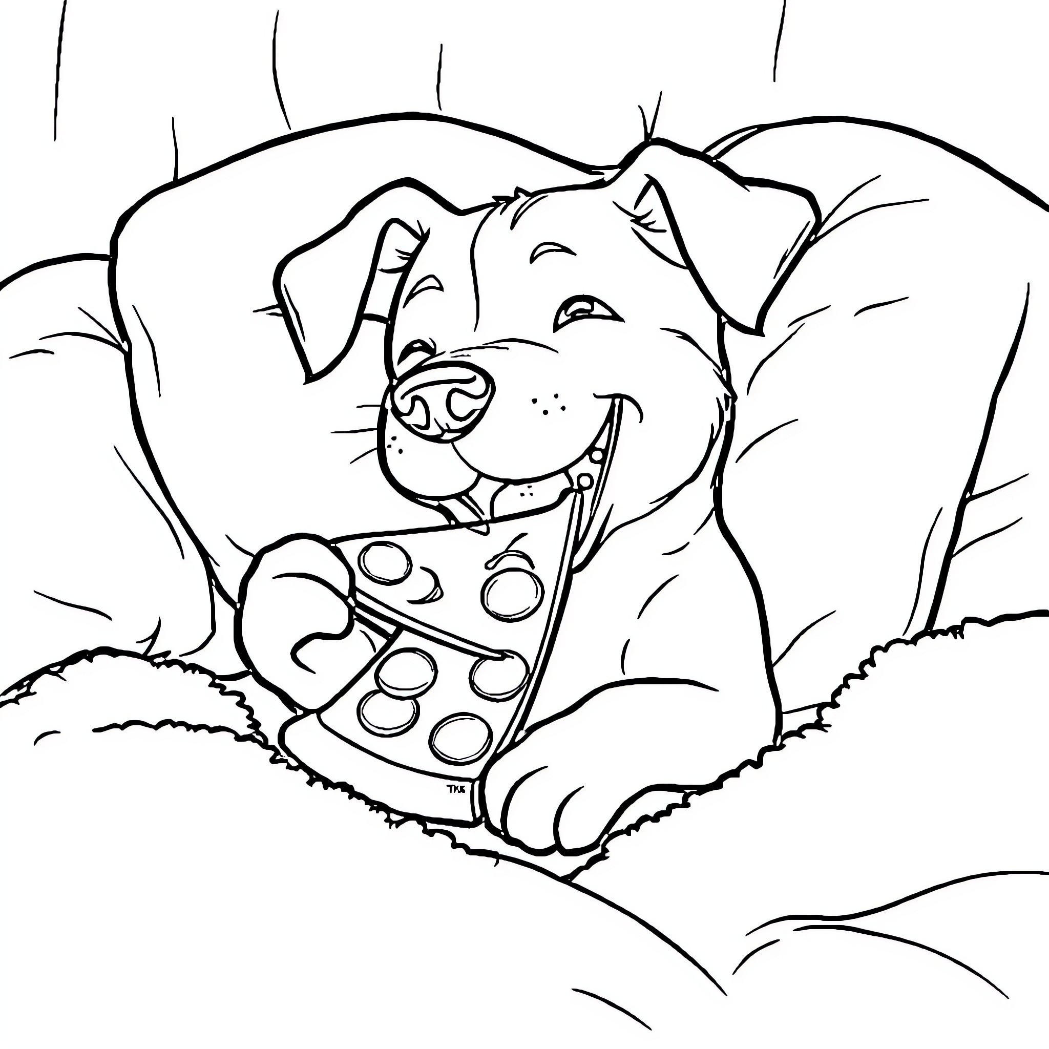 Dog playing video game controller in nature Coloring Page (free black-and-white line drawing printable PDF for all, from beginners to advanced learners, including children, teens, adults, and seniors)