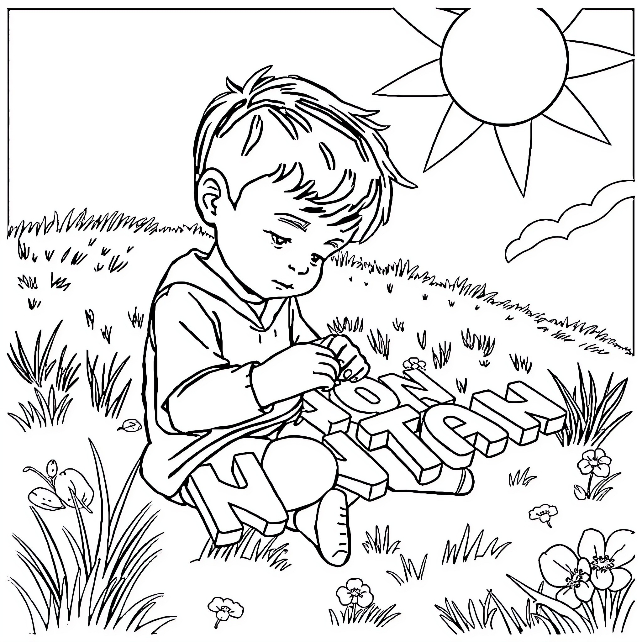 Niño playing with toys in the park Coloring Page (free black-and-white line drawing printable PDF for all, from beginners to advanced learners, including children, teens, adults, and seniors)