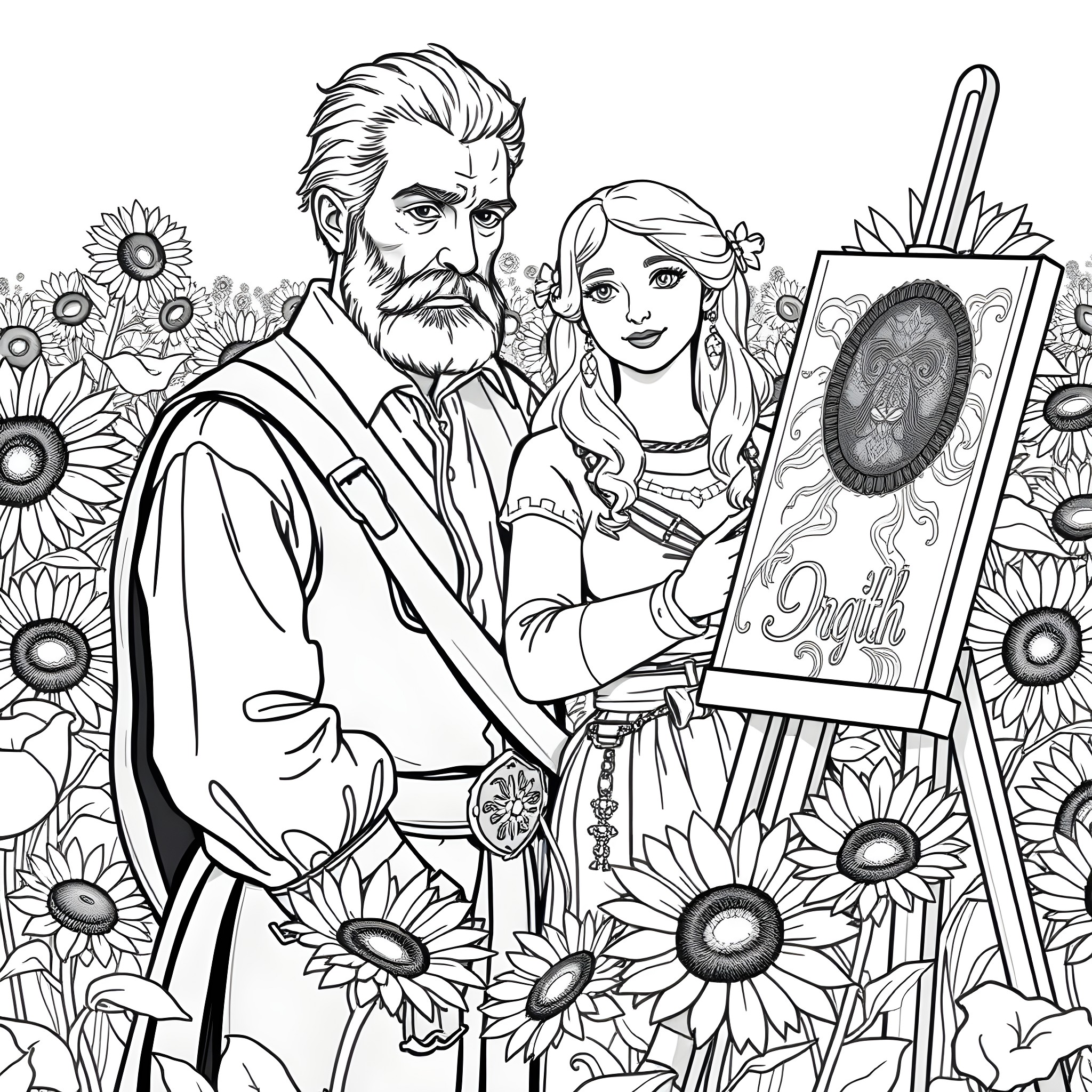 Van Gogh and His Muse Painting Sunflowers Coloring Page (free black-and-white line drawing printable PDF for all, from beginners to advanced learners, including children, teens, adults, and seniors)