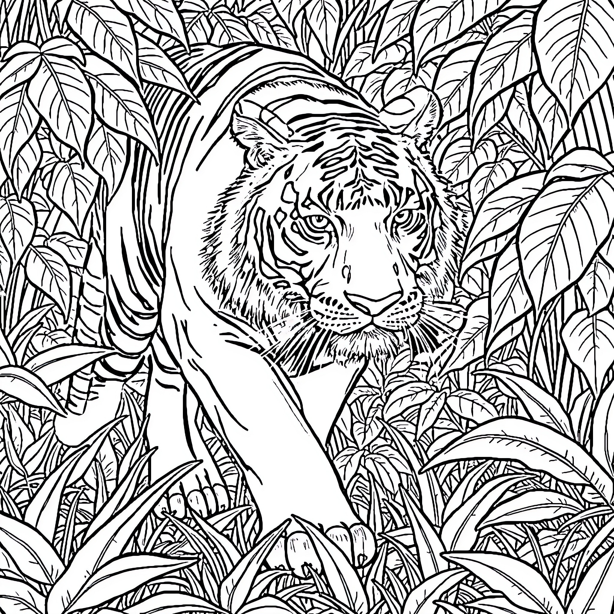 Tiger Prowling Amidst Lush Jungle Foliage Coloring Page (free black-and-white line drawing printable PDF for all, from beginners to advanced learners, including children, teens, adults, and seniors)