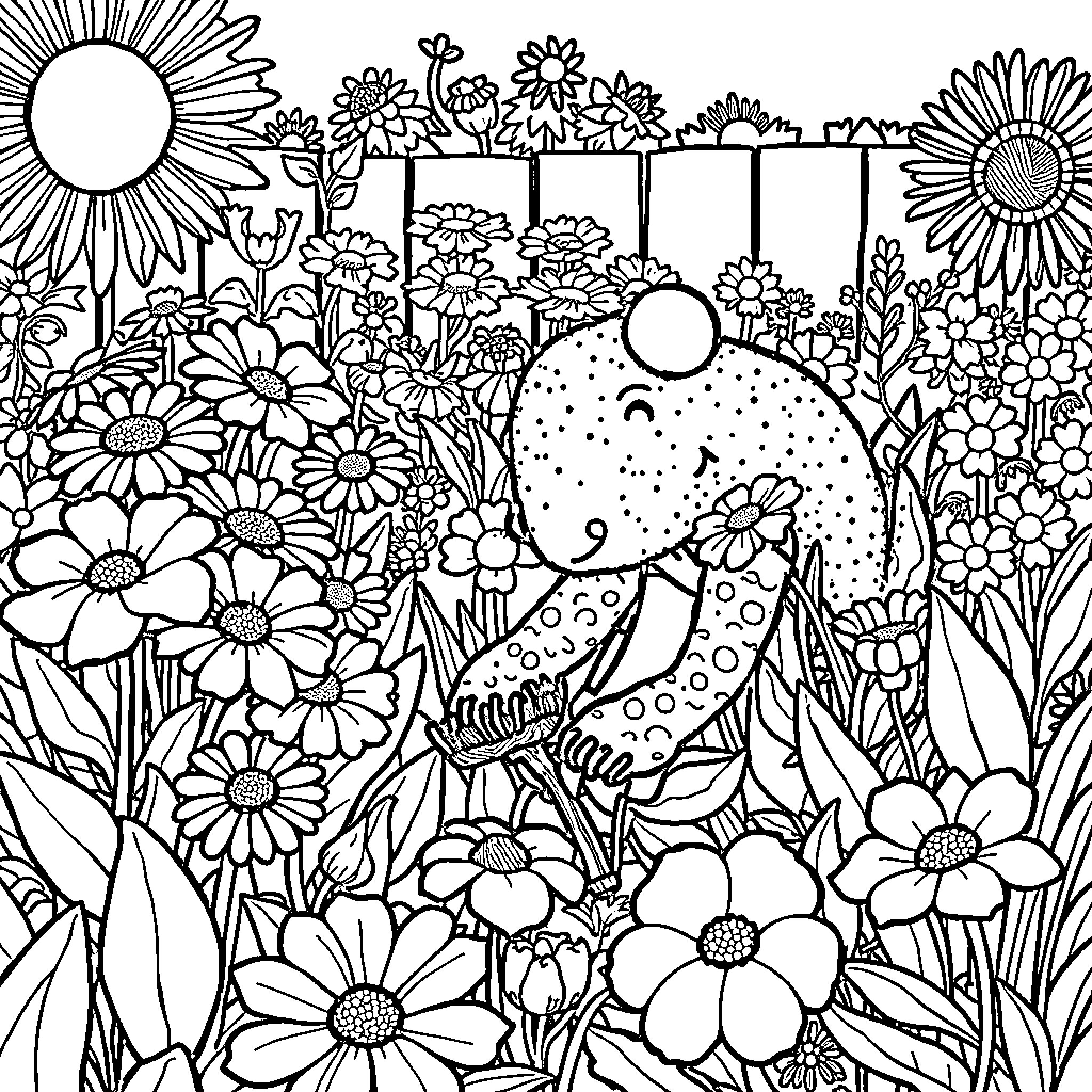 Grogu exploring the vibrant flower garden Coloring Page (free black-and-white line drawing printable PDF for all, from beginners to advanced learners, including children, teens, adults, and seniors)