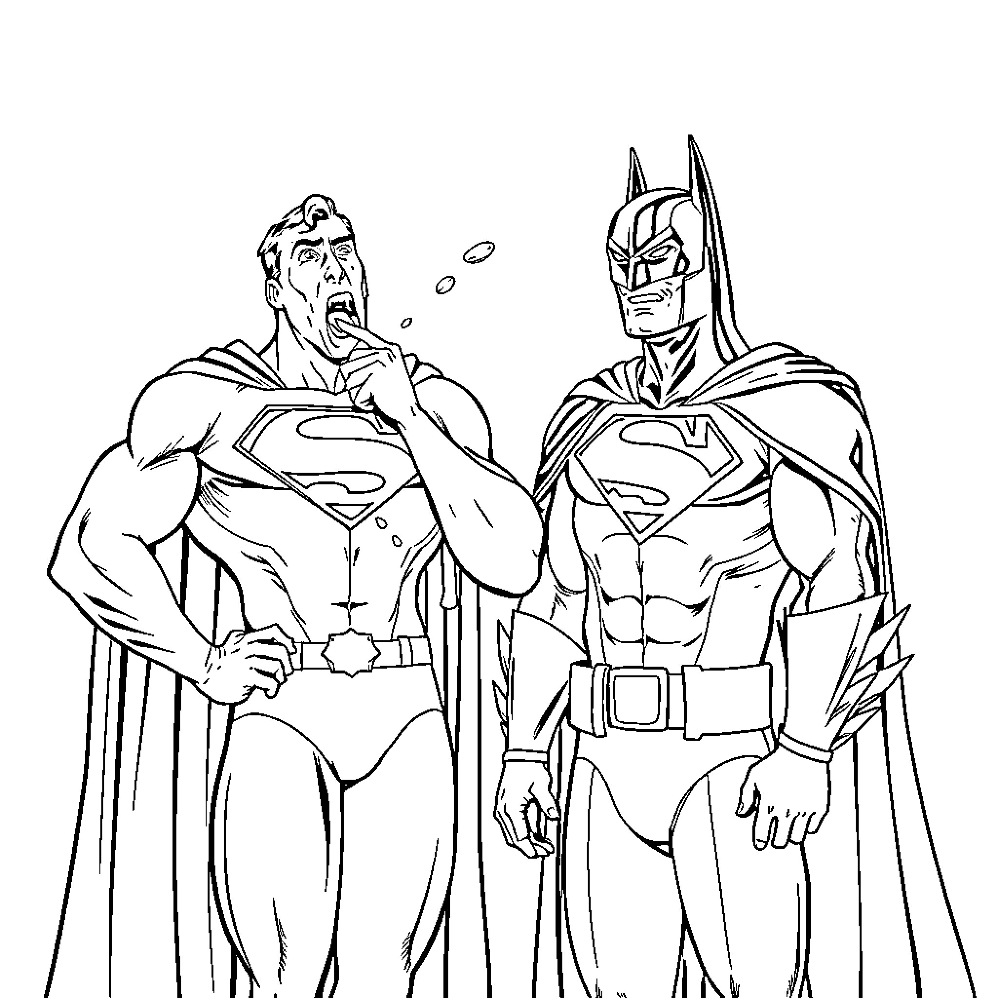 Superman and Batman in discussion Coloring Page (free black-and-white line drawing printable PDF for all, from beginners to advanced learners, including children, teens, adults, and seniors)