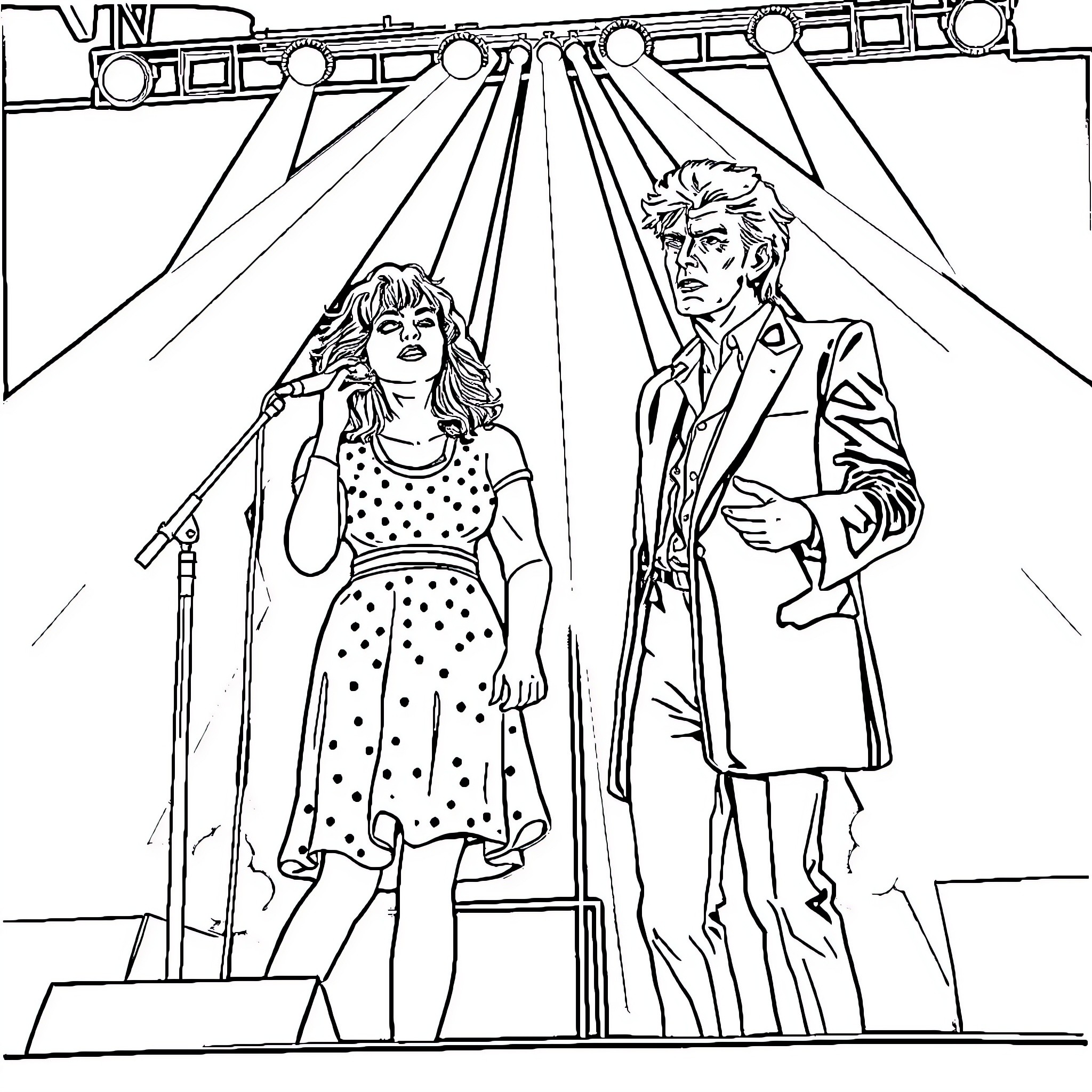 Kate Bush performing on stage with a man Coloring Page (free black-and-white line drawing printable PDF for all, from beginners to advanced learners, including children, teens, adults, and seniors)