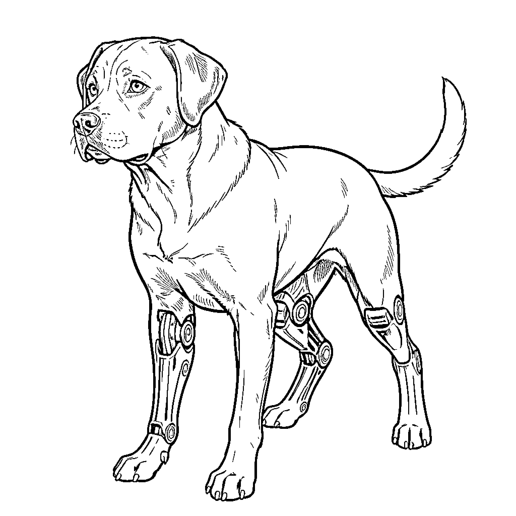 Staffy robotic canine with cybernetic limbs Coloring Page (free black-and-white line drawing printable PDF for all, from beginners to advanced learners, including children, teens, adults, and seniors)