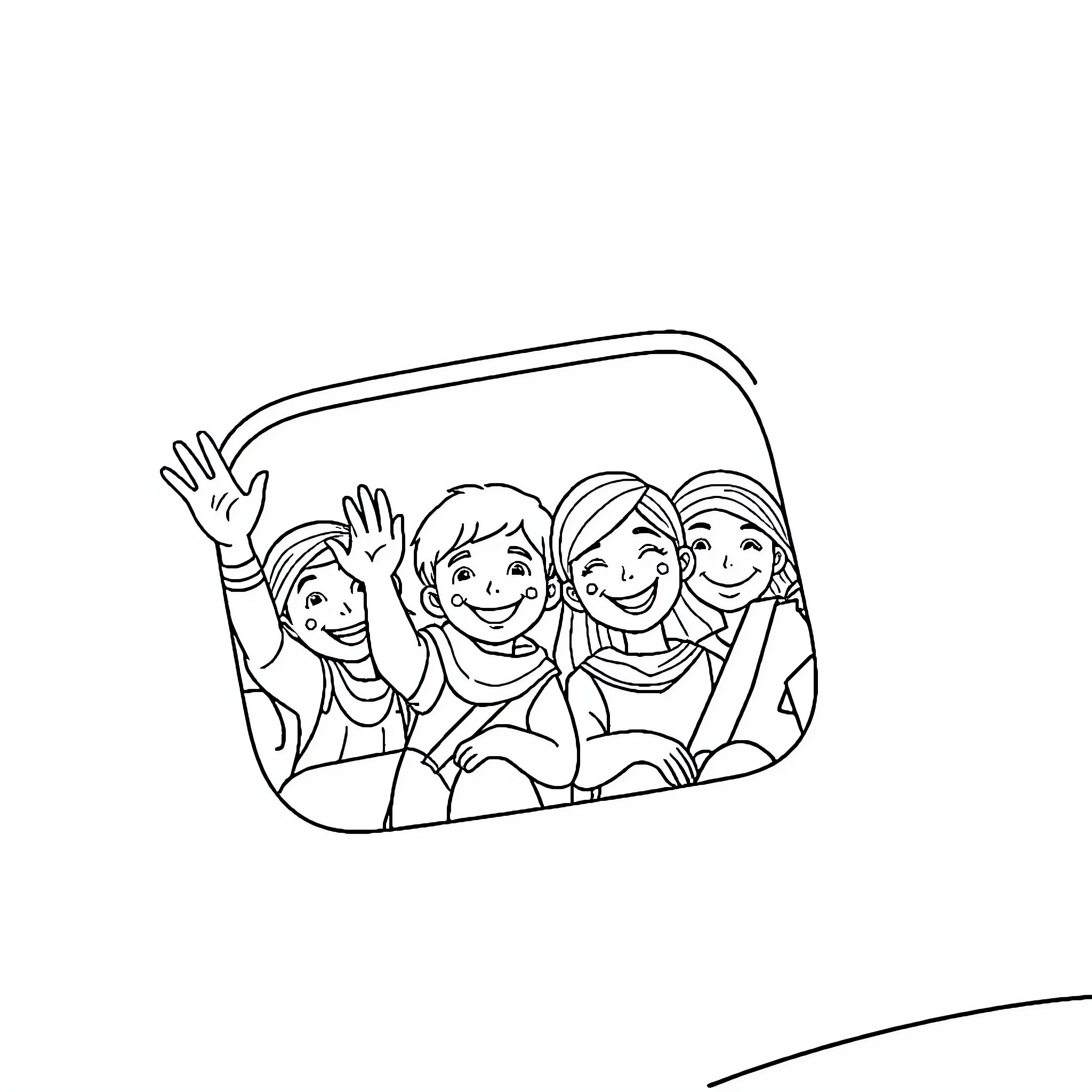 Family taking a happy selfie together Coloring Page (free black-and-white line drawing printable PDF for all, from beginners to advanced learners, including children, teens, adults, and seniors)