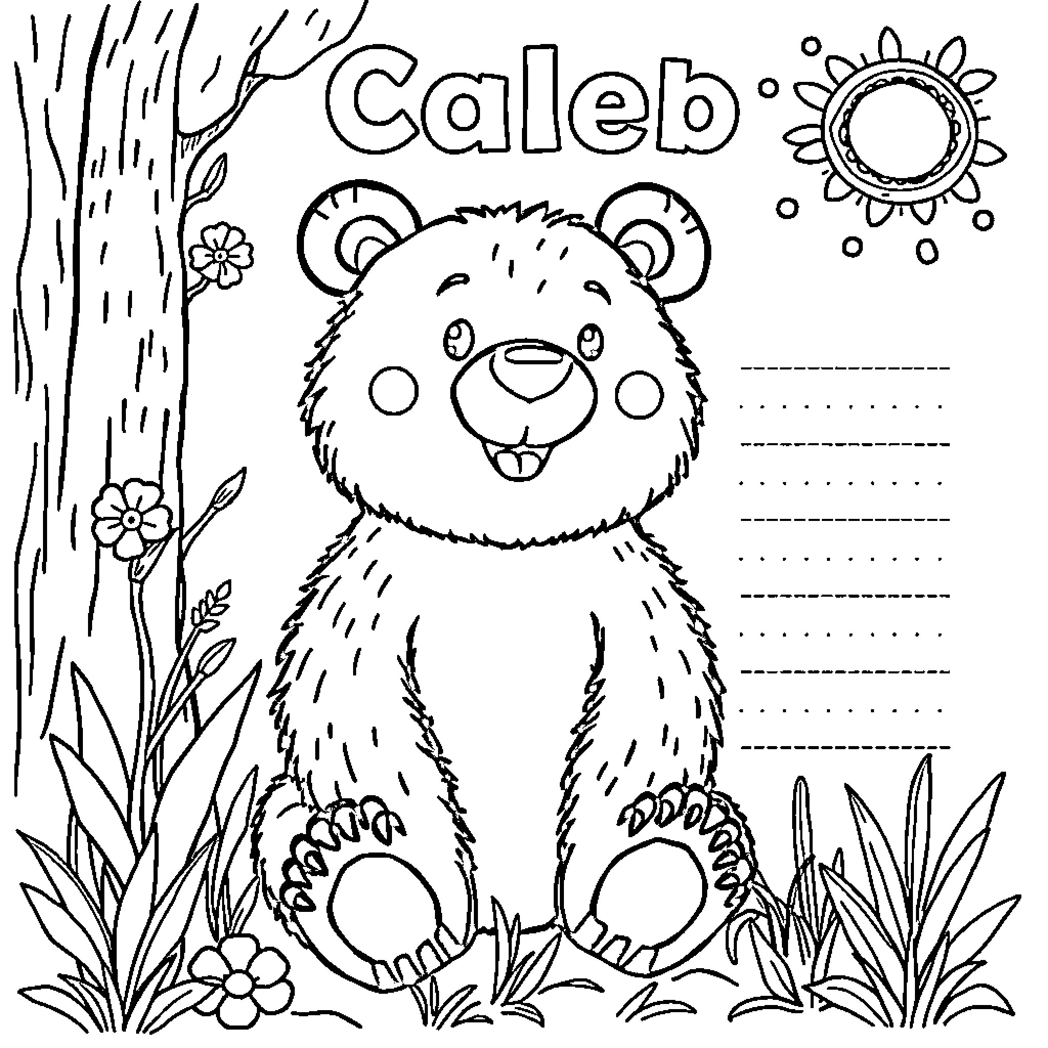 Bear smiling and playing in the forest Coloring Page (free black-and-white line drawing printable PDF for all, from beginners to advanced learners, including children, teens, adults, and seniors)