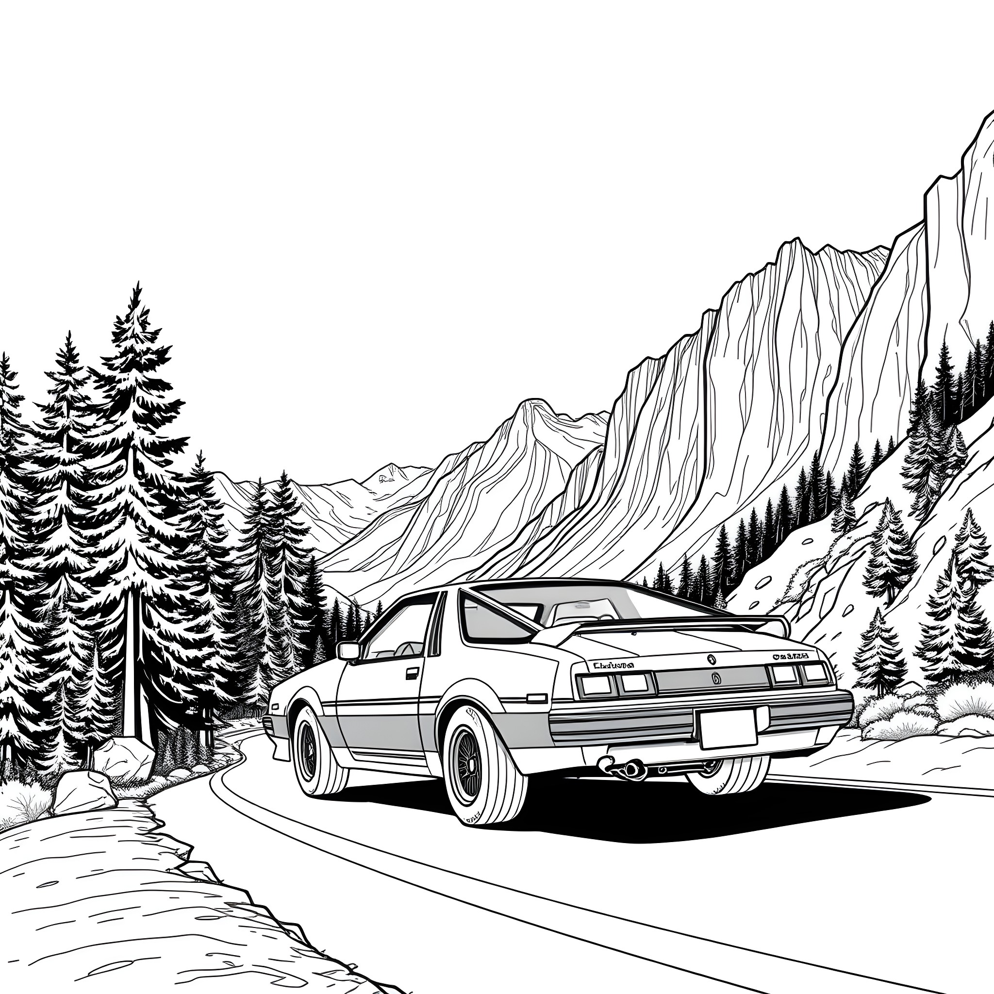 AE 86 driving through the snowy mountain landscape Coloring Page (free black-and-white line drawing printable PDF for all, from beginners to advanced learners, including children, teens, adults, and seniors)