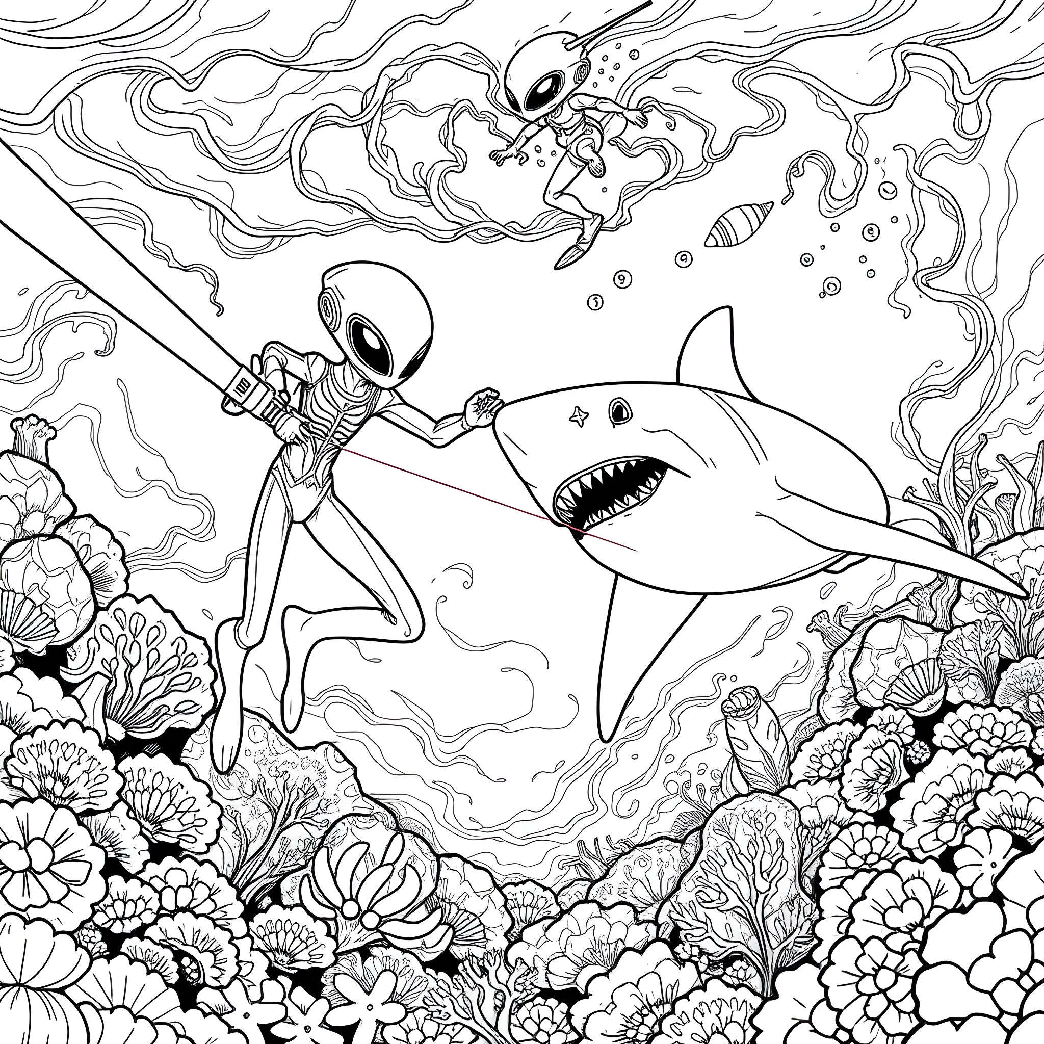 Alien Explorers Encounter Mysterious Underwater Creatures Coloring Page (free black-and-white line drawing printable PDF for all, from beginners to advanced learners, including children, teens, adults, and seniors)