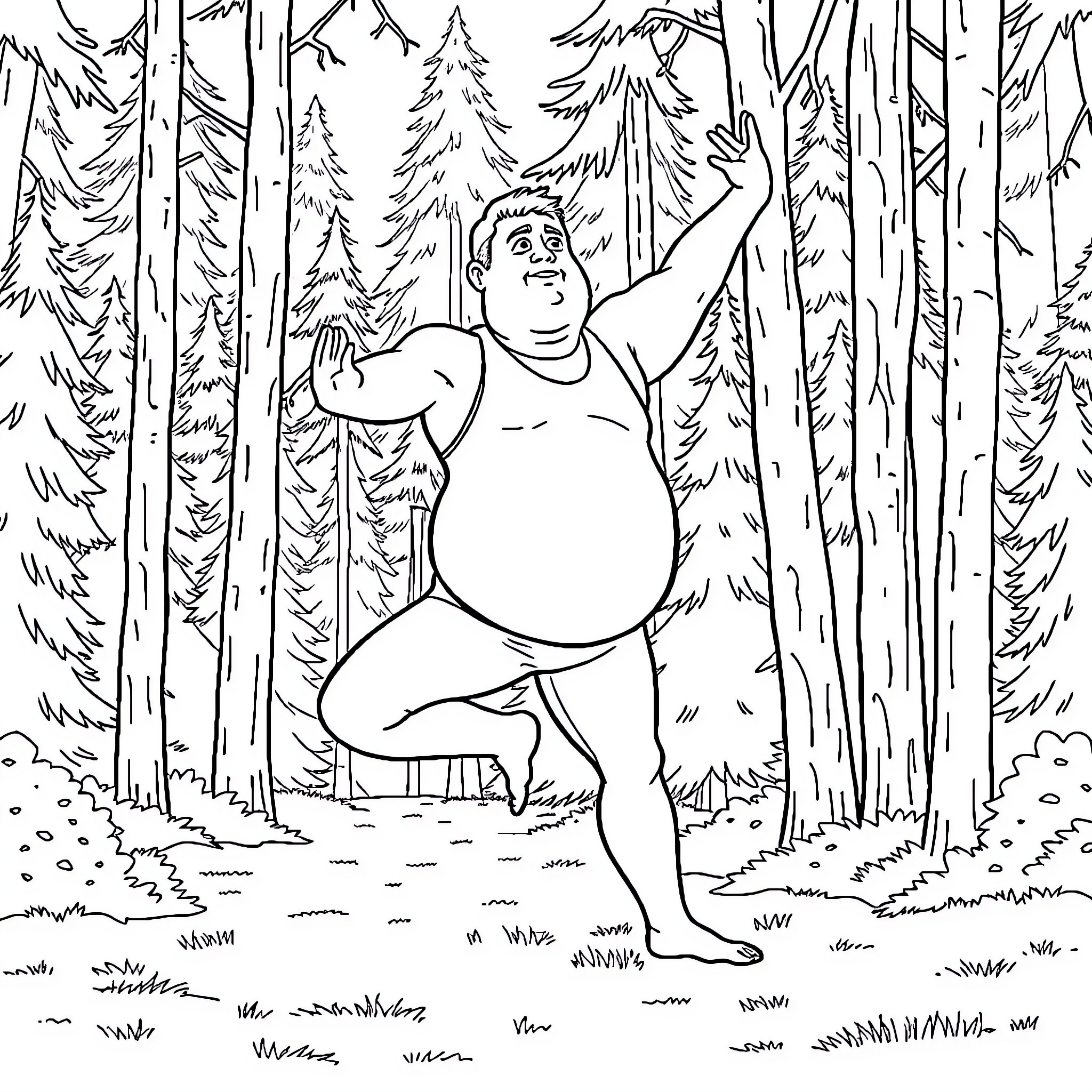 Man exploring the lush forest Coloring Page (free black-and-white line drawing printable PDF for all, from beginners to advanced learners, including children, teens, adults, and seniors)