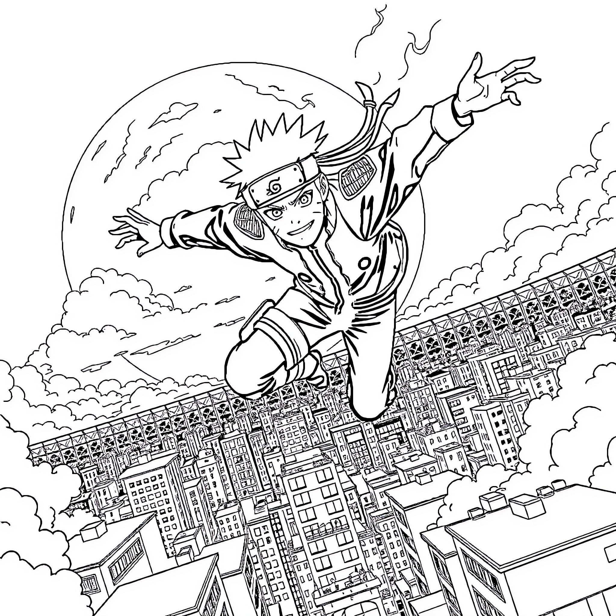 Naruto soaring through the sky over city Coloring Page (free black-and-white line drawing printable PDF for all, from beginners to advanced learners, including children, teens, adults, and seniors)
