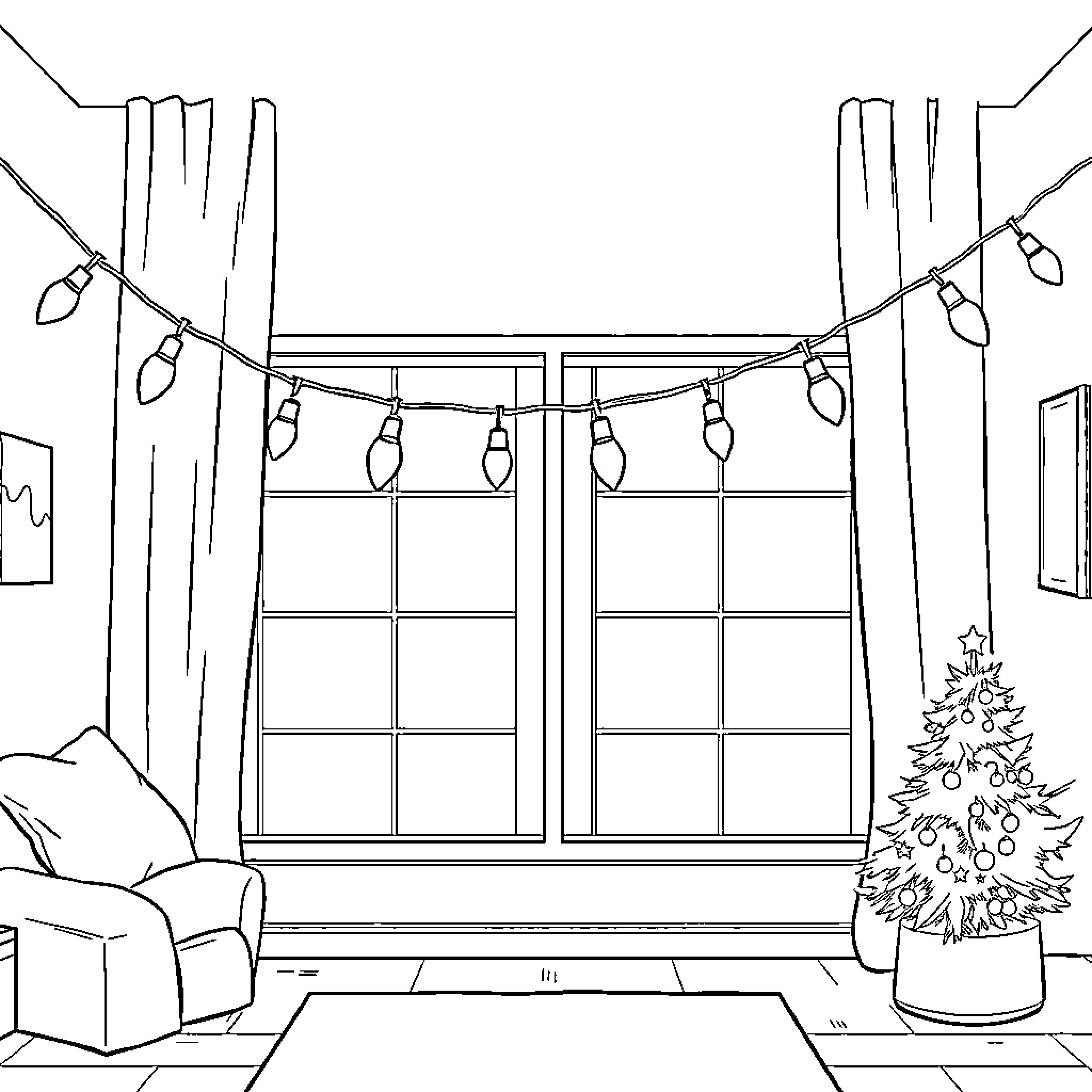 Christmas Light-Decorated Living Room Scene Coloring Page (free black-and-white line drawing printable PDF for all, from beginners to advanced learners, including children, teens, adults, and seniors)