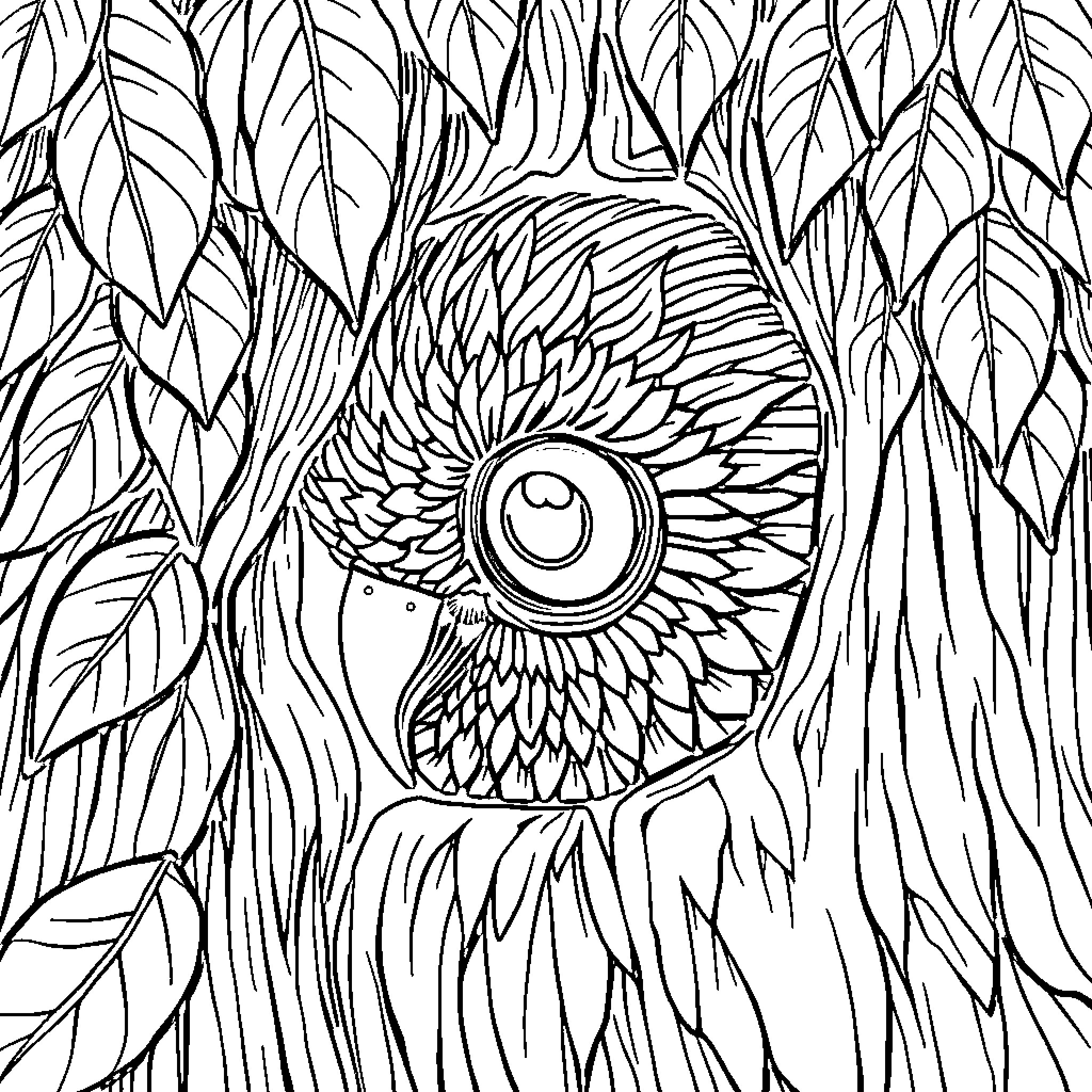 Eye of the Enchanted Forest Coloring Page (free black-and-white line drawing printable PDF for all, from beginners to advanced learners, including children, teens, adults, and seniors)