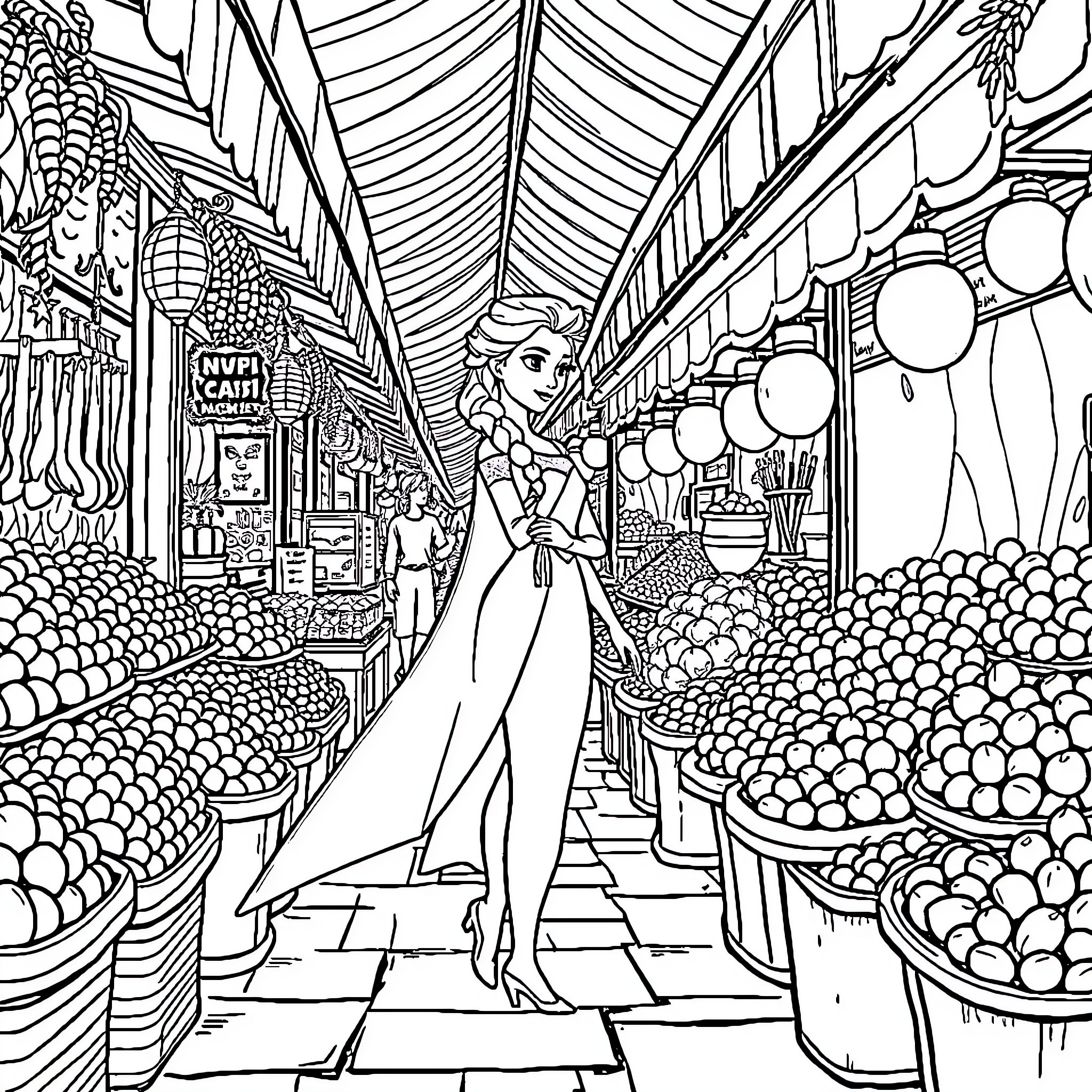 Elsa's Enchanting Market Adventure Coloring Page (free black-and-white line drawing printable PDF for all, from beginners to advanced learners, including children, teens, adults, and seniors)