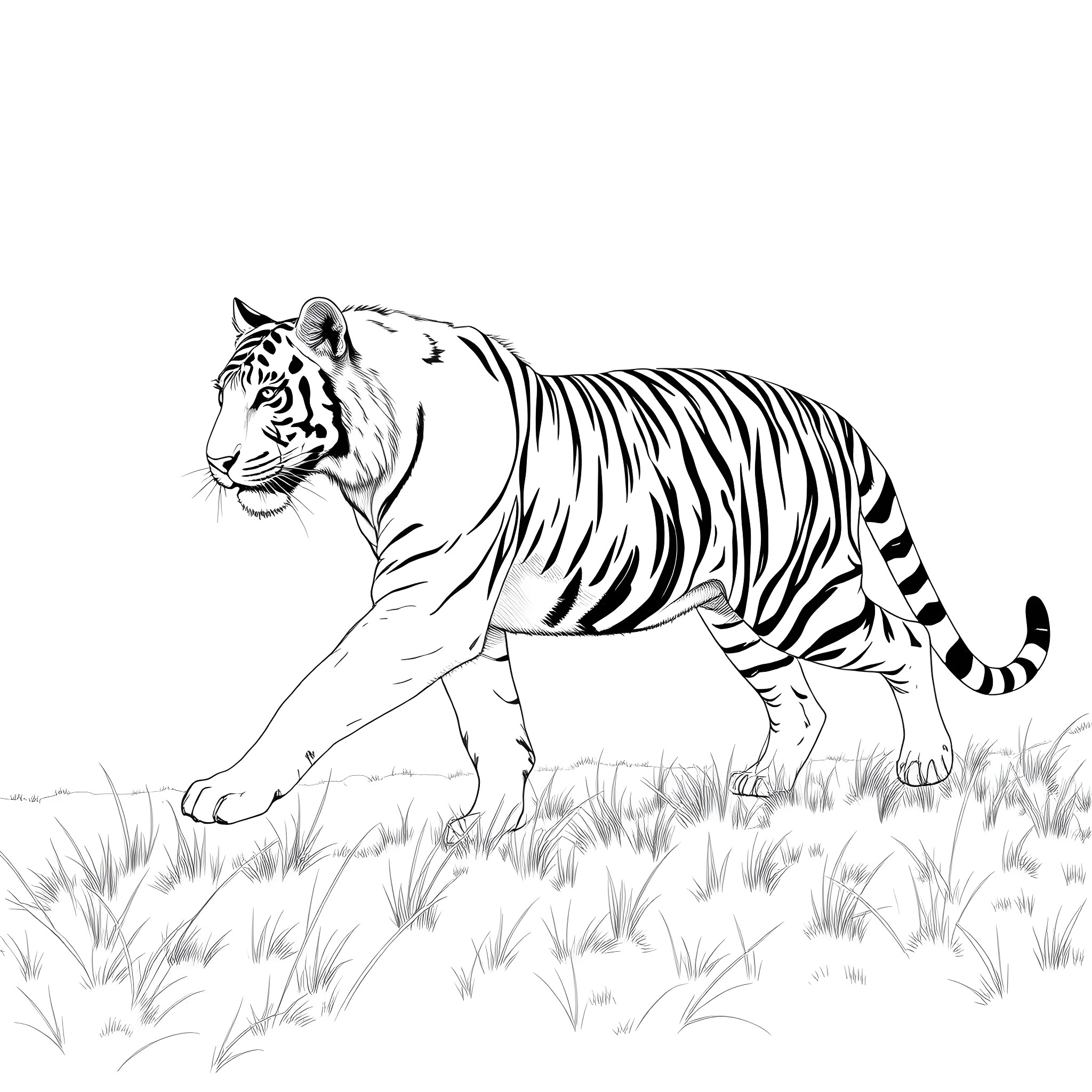 Tiger stalking through the tall grass Coloring Page (free black-and-white line drawing printable PDF for all, from beginners to advanced learners, including children, teens, adults, and seniors)