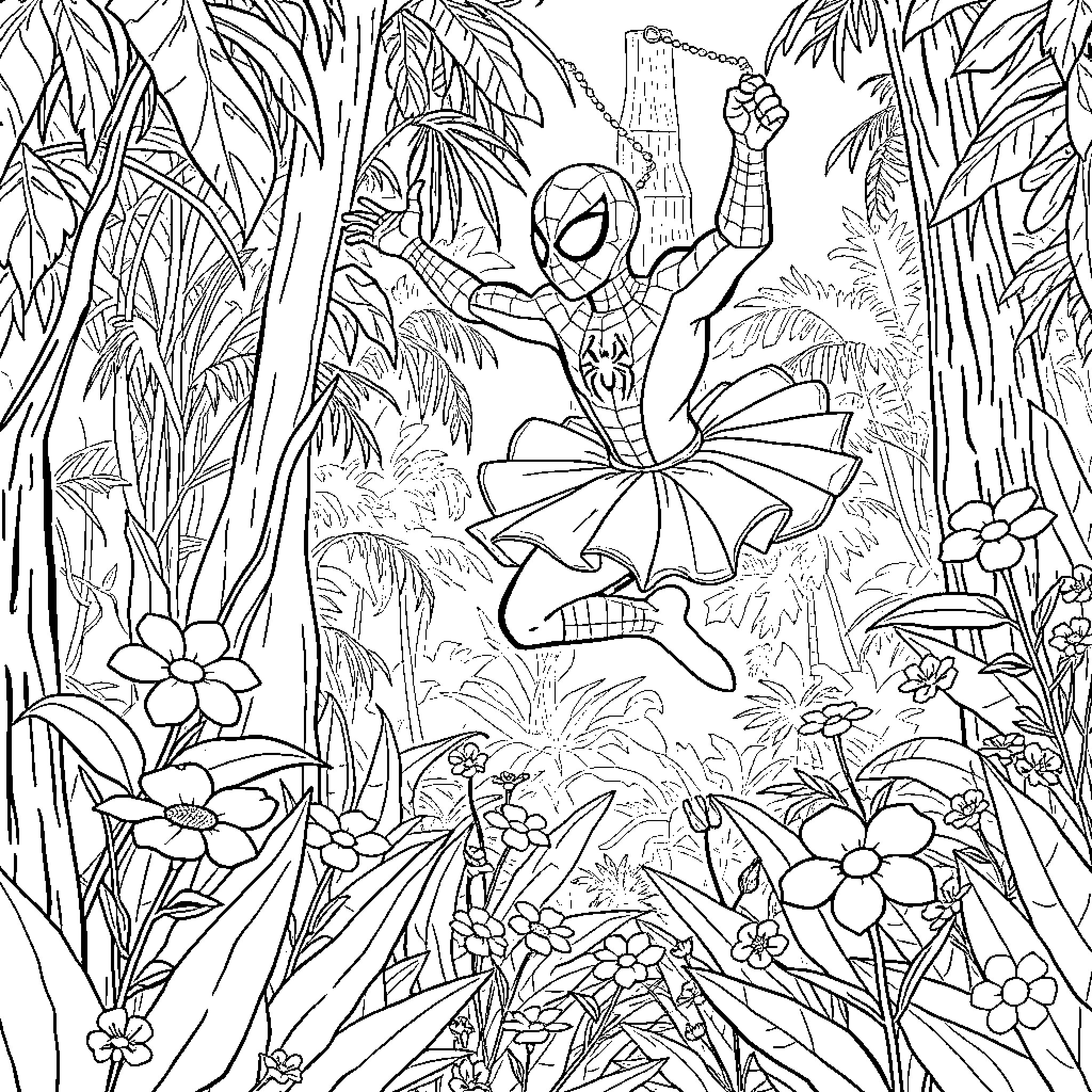 Spiderman swinging through a lush jungle environment Coloring Page (free black-and-white line drawing printable PDF for all, from beginners to advanced learners, including children, teens, adults, and seniors)