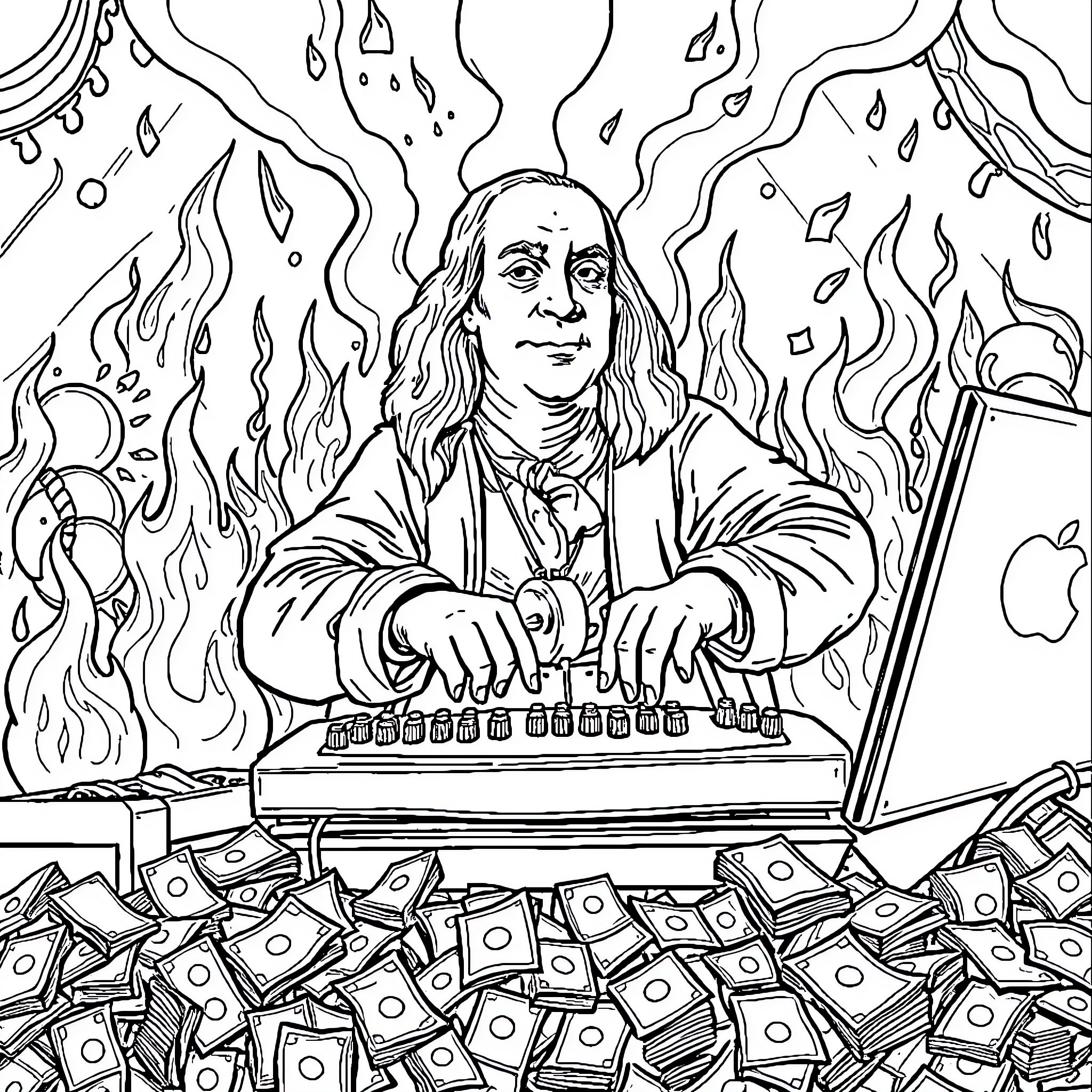 Ben Franklin's Scientific Discoveries and Inventions Coloring Page (free black-and-white line drawing printable PDF for all, from beginners to advanced learners, including children, teens, adults, and seniors)