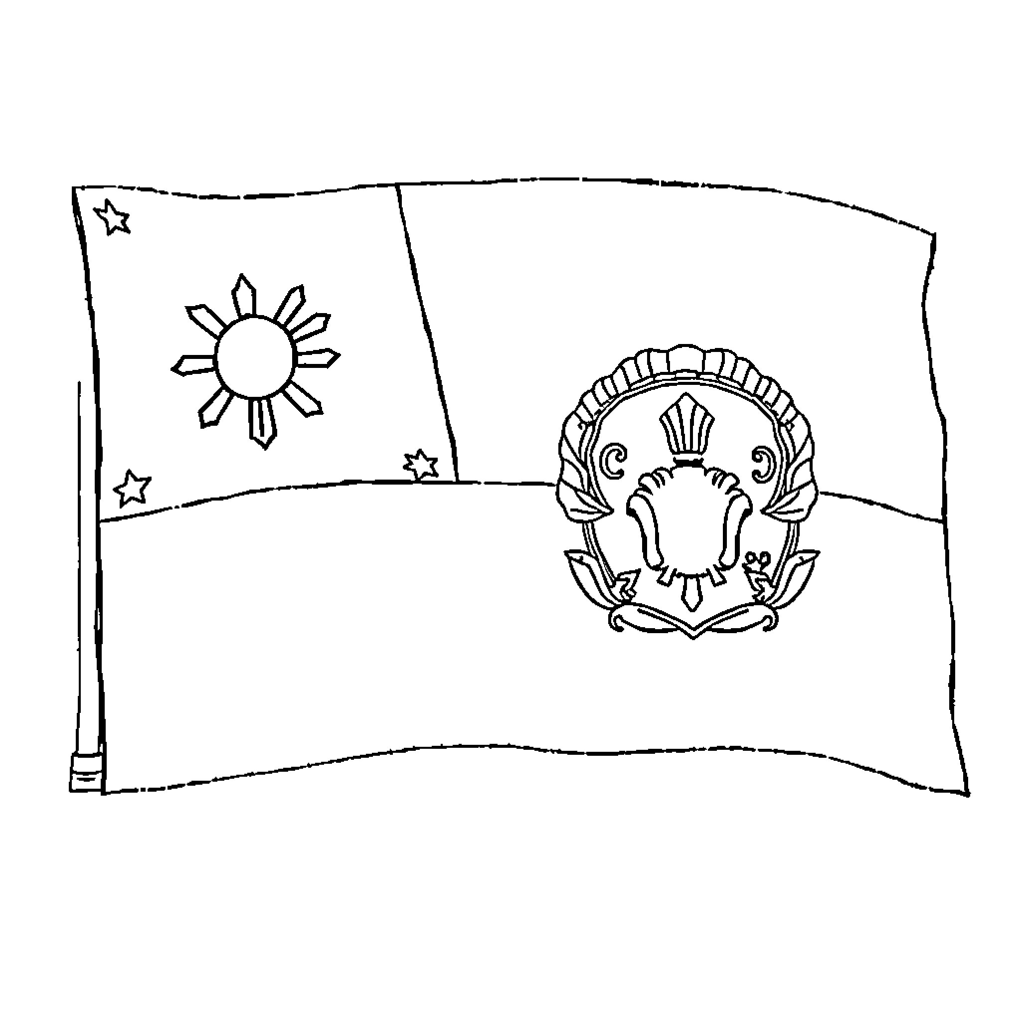 Flag with sun and emblem Coloring Page (free black-and-white line drawing printable PDF for all, from beginners to advanced learners, including children, teens, adults, and seniors)