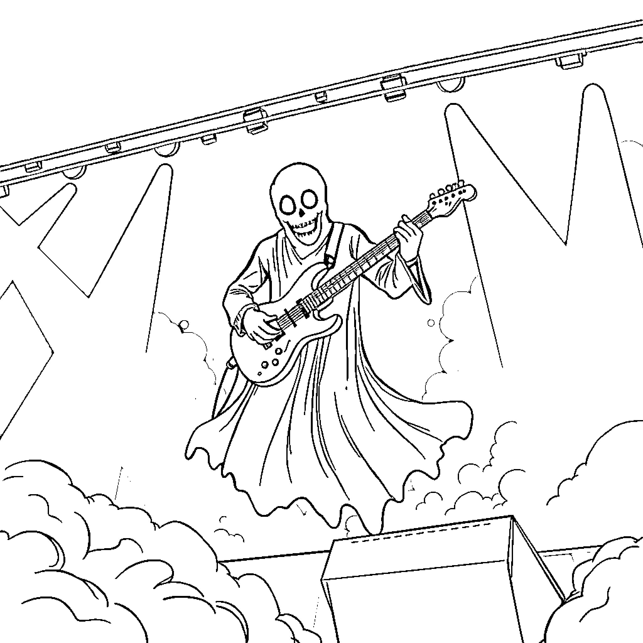 Ghost musician playing electric guitar on stage Coloring Page (free black-and-white line drawing printable PDF for all, from beginners to advanced learners, including children, teens, adults, and seniors)