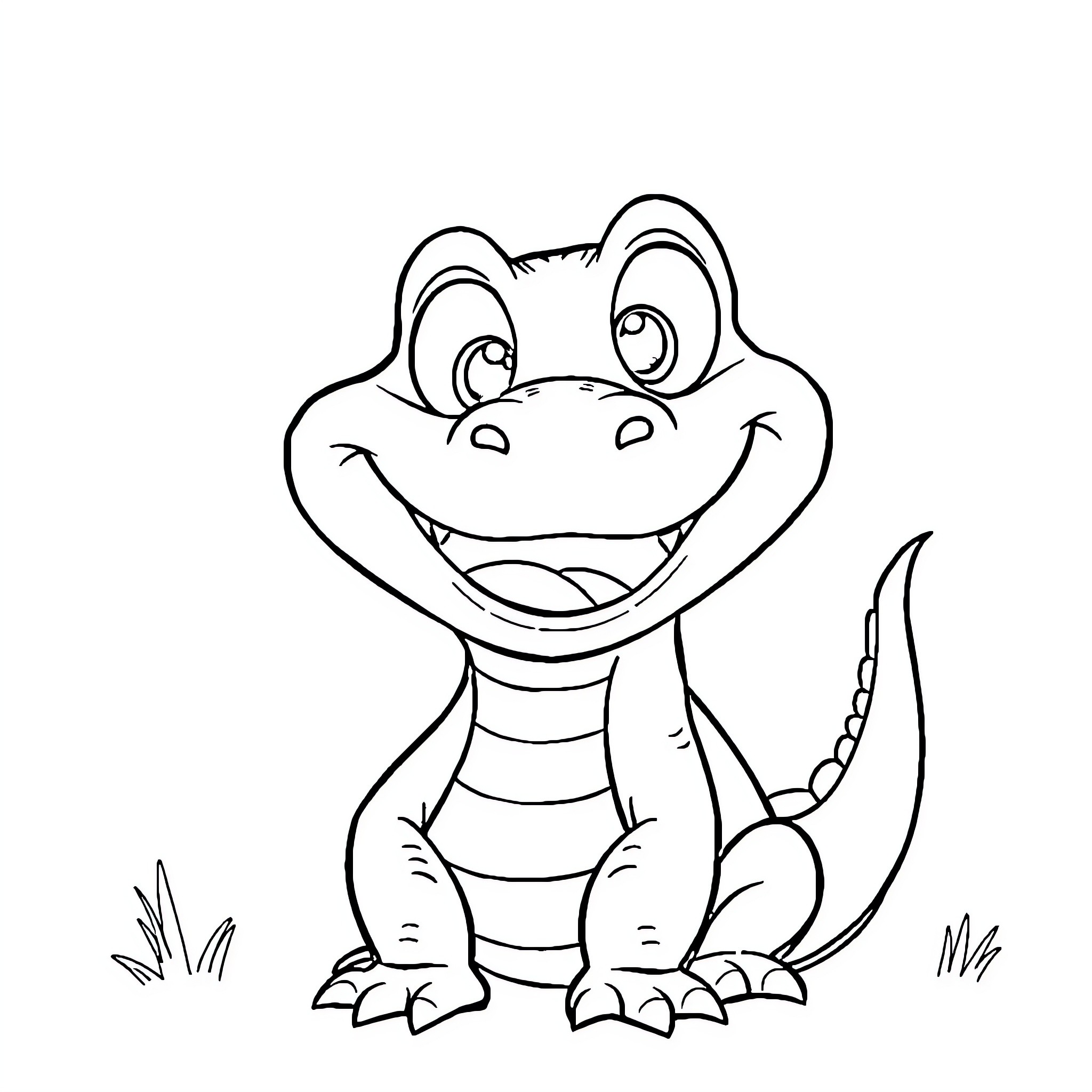 Alligator smiling happily in the grass Coloring Page (free black-and-white line drawing printable PDF for all, from beginners to advanced learners, including children, teens, adults, and seniors)