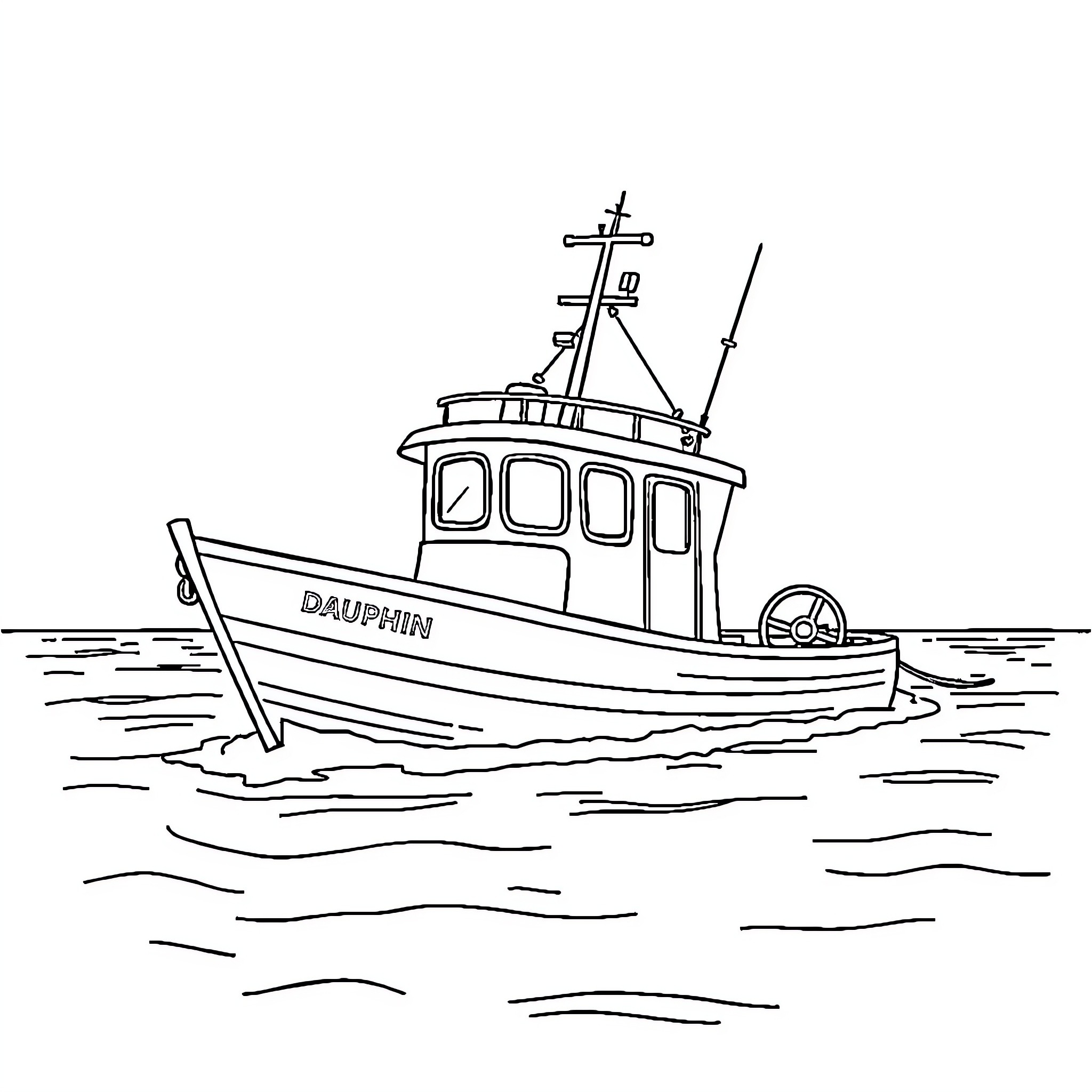 Dolphin fishing boat sailing on the ocean Coloring Page (free black-and-white line drawing printable PDF for all, from beginners to advanced learners, including children, teens, adults, and seniors)