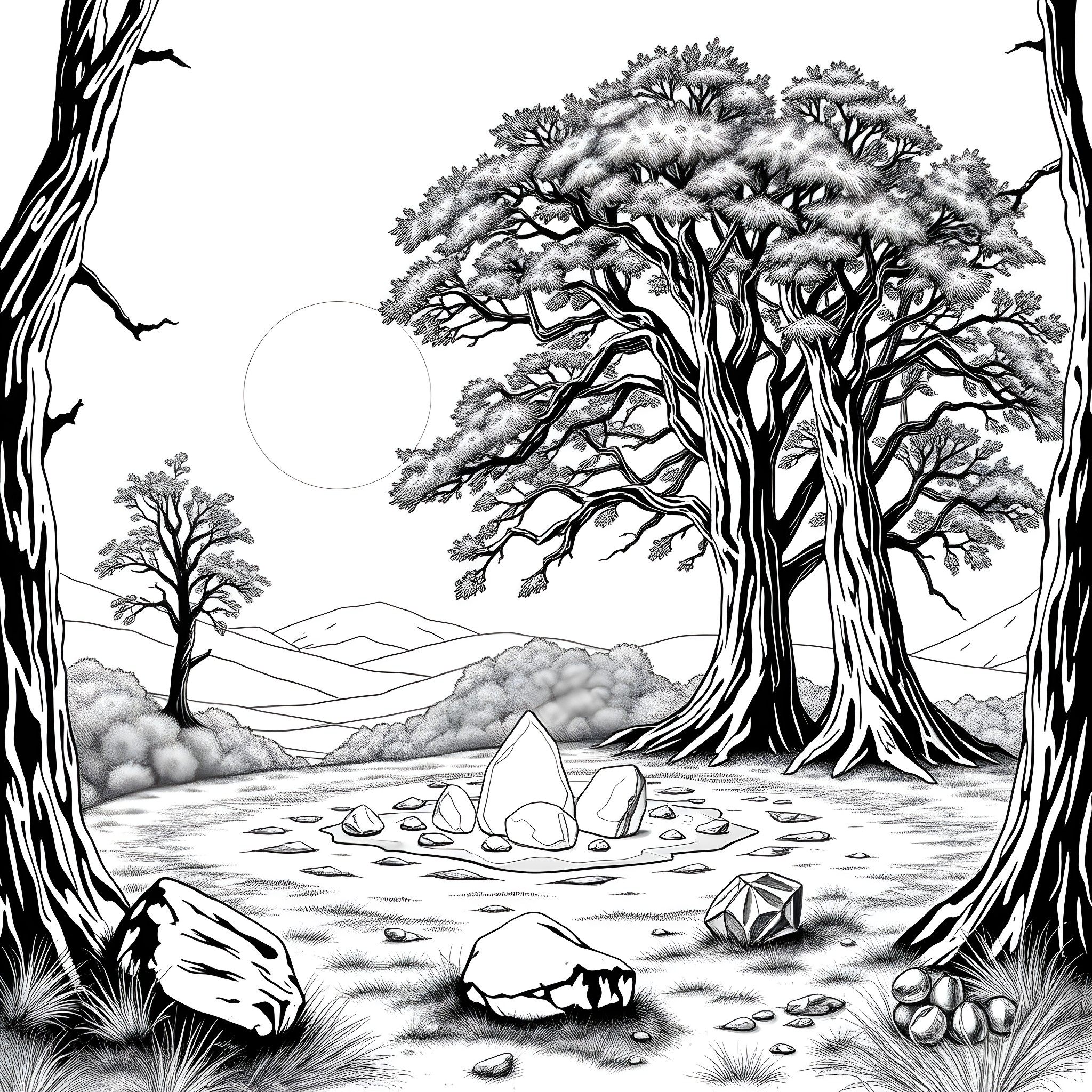 Spirit of the Forest Enchantment Coloring Page (free black-and-white line drawing printable PDF for all, from beginners to advanced learners, including children, teens, adults, and seniors)