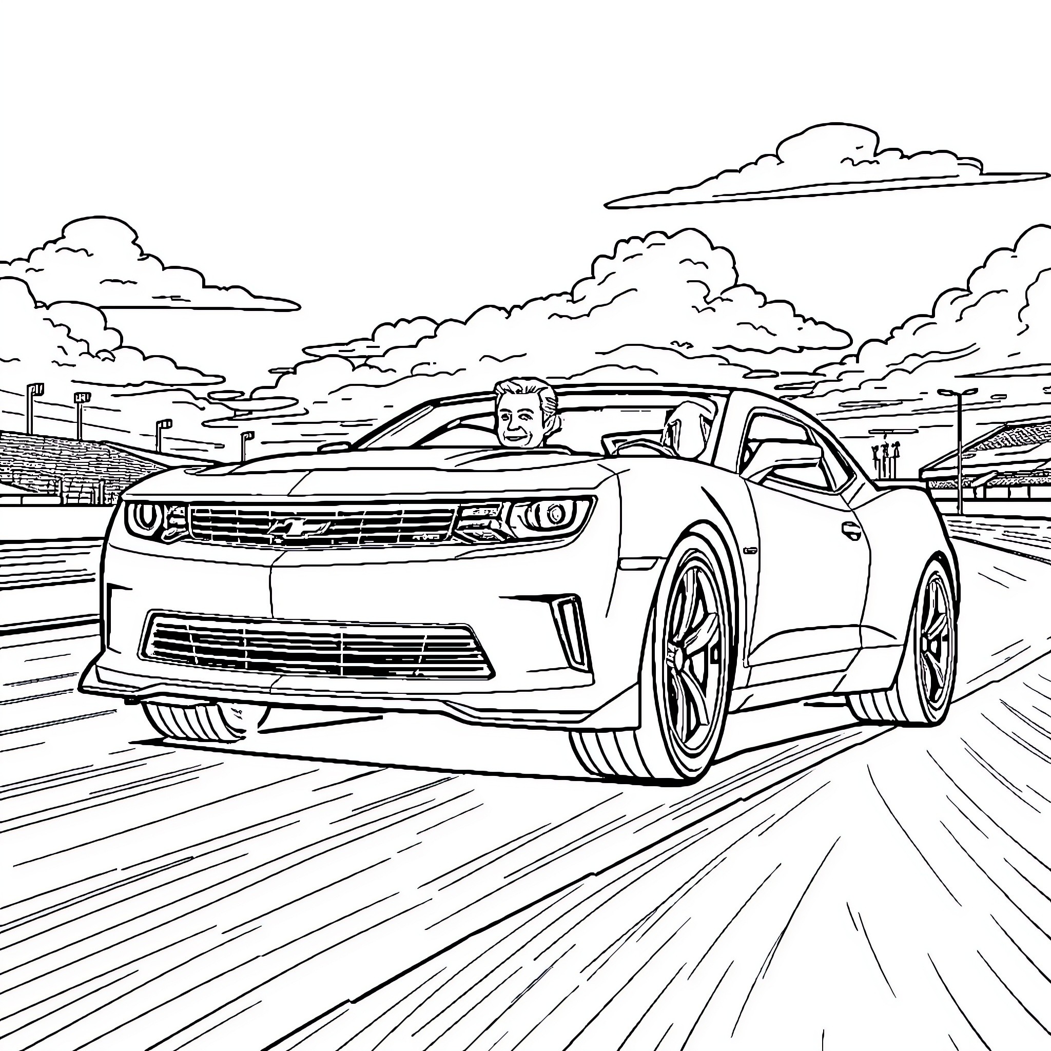 President Driving Fast Sports Car on Highway Coloring Page (free black-and-white line drawing printable PDF for all, from beginners to advanced learners, including children, teens, adults, and seniors)