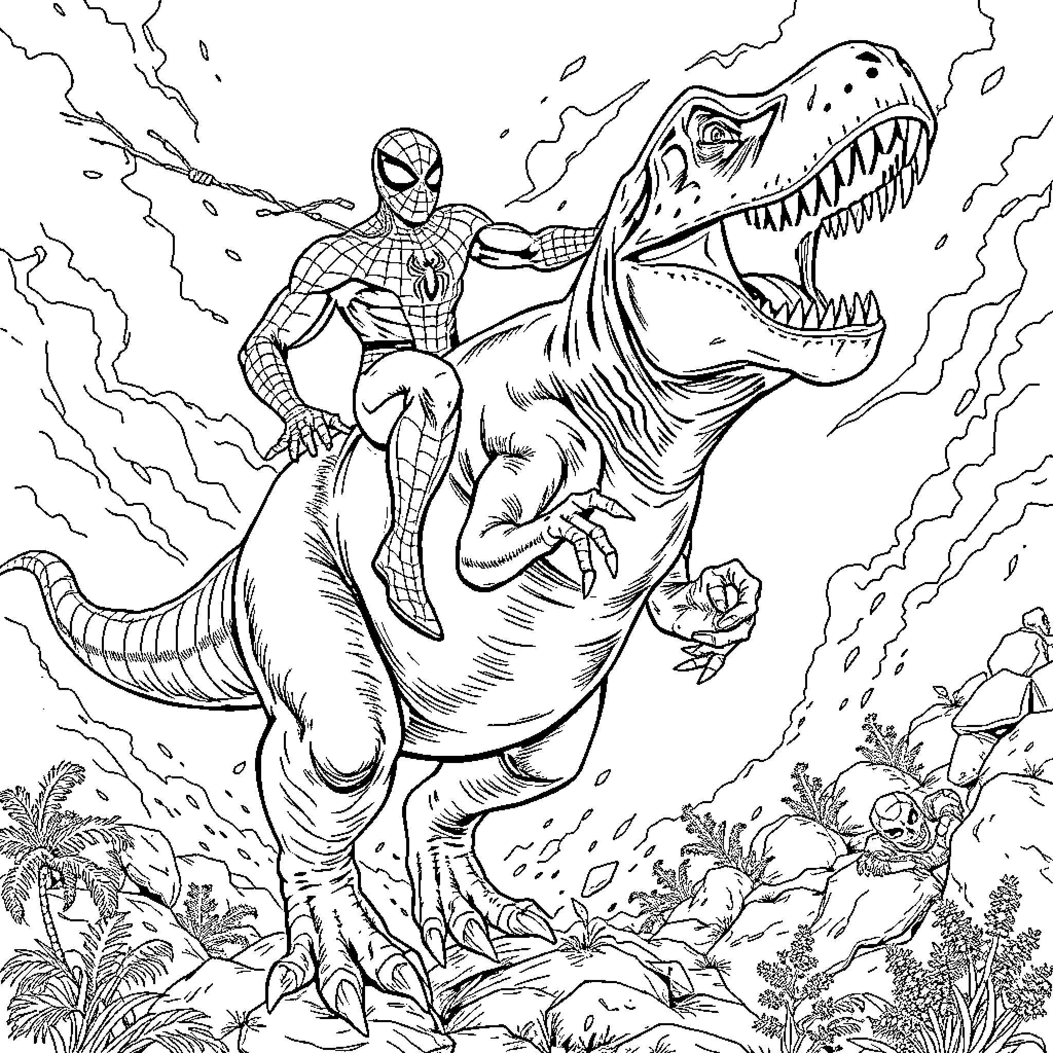 Spiderman Fights Fearsome Dinosaur Coloring Page (free black-and-white line drawing printable PDF for all, from beginners to advanced learners, including children, teens, adults, and seniors)