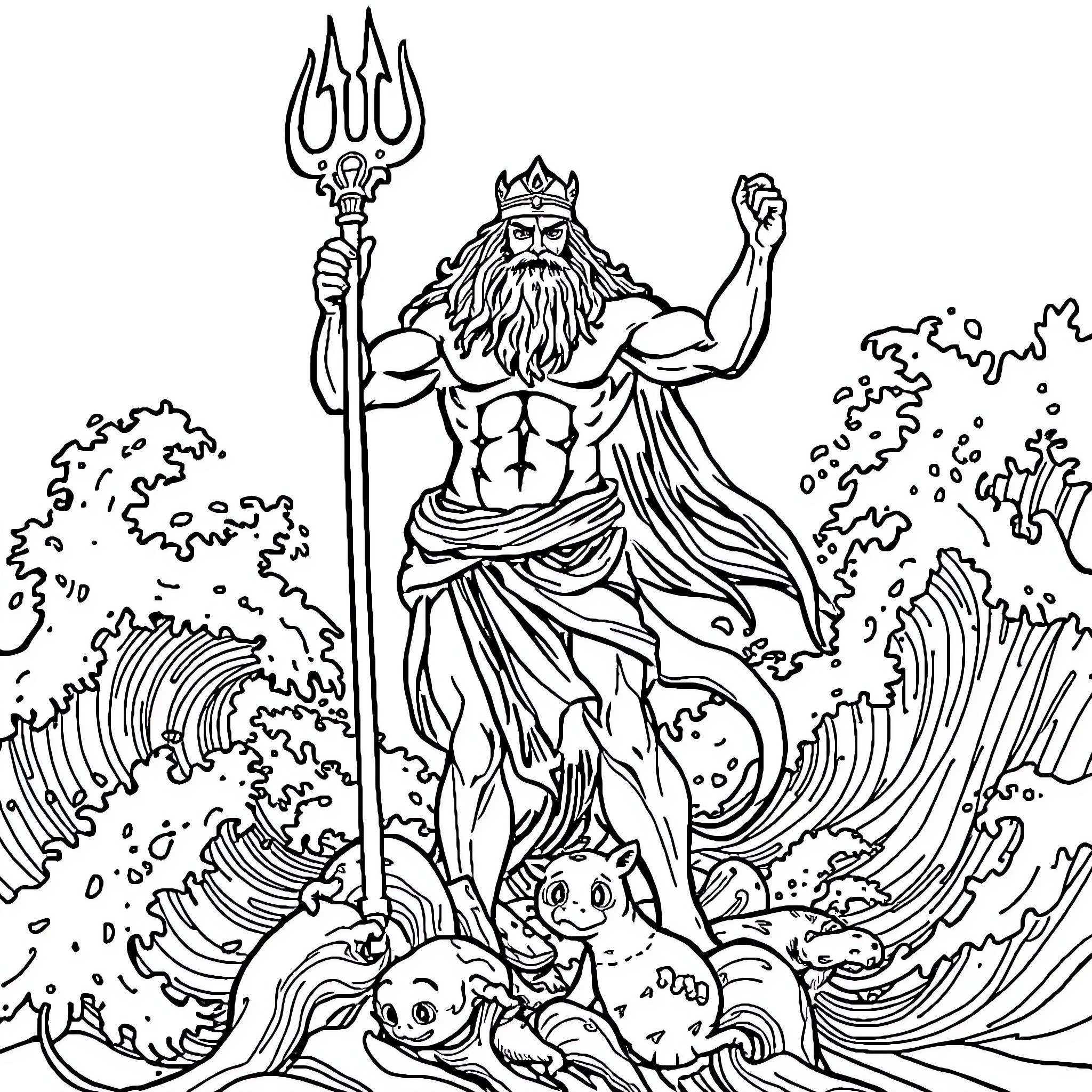 Poseidon, the Mighty Sea God, Commands the Waves Coloring Page (free black-and-white line drawing printable PDF for all, from beginners to advanced learners, including children, teens, adults, and seniors)
