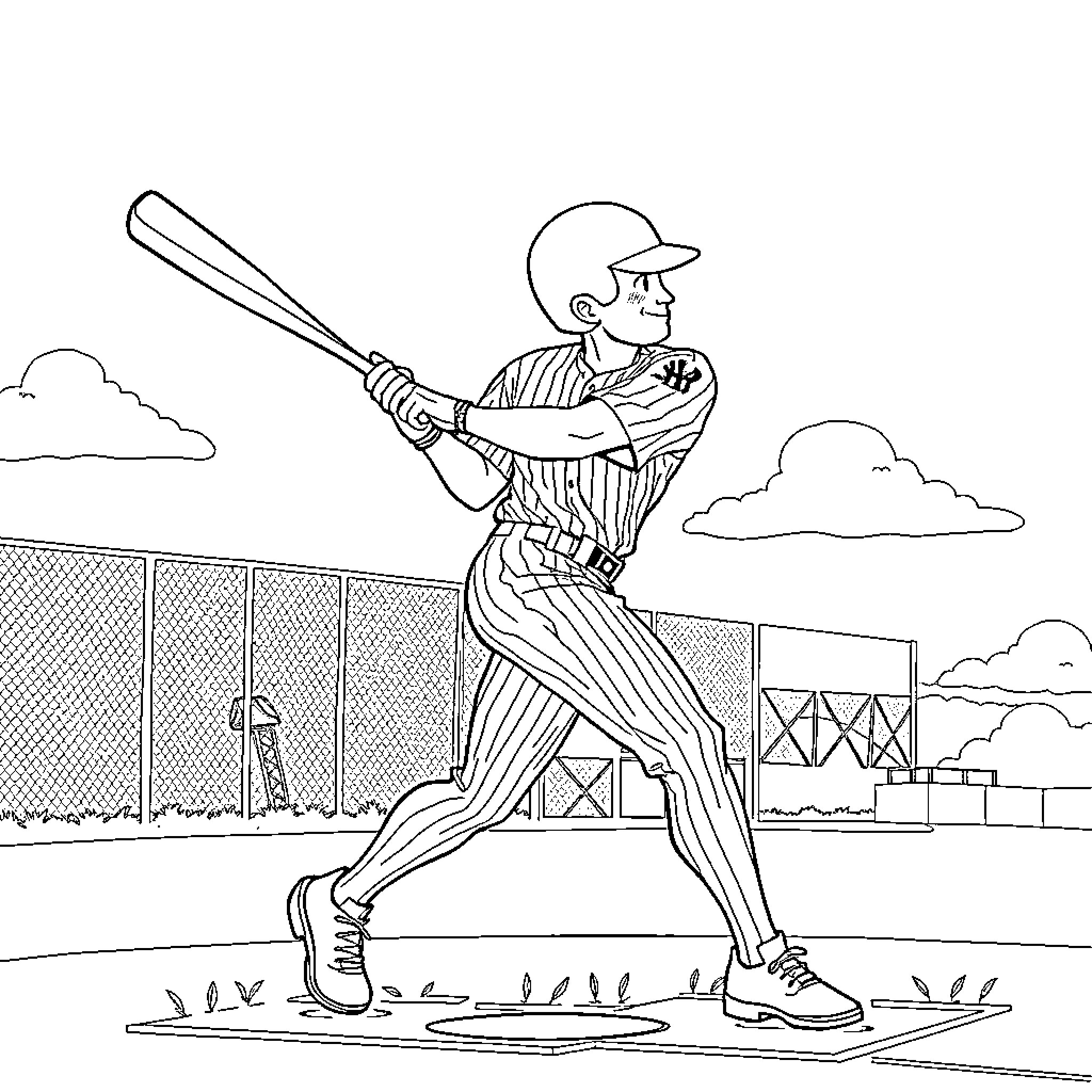 Superman baseball player in action Coloring Page (free black-and-white line drawing printable PDF for all, from beginners to advanced learners, including children, teens, adults, and seniors)