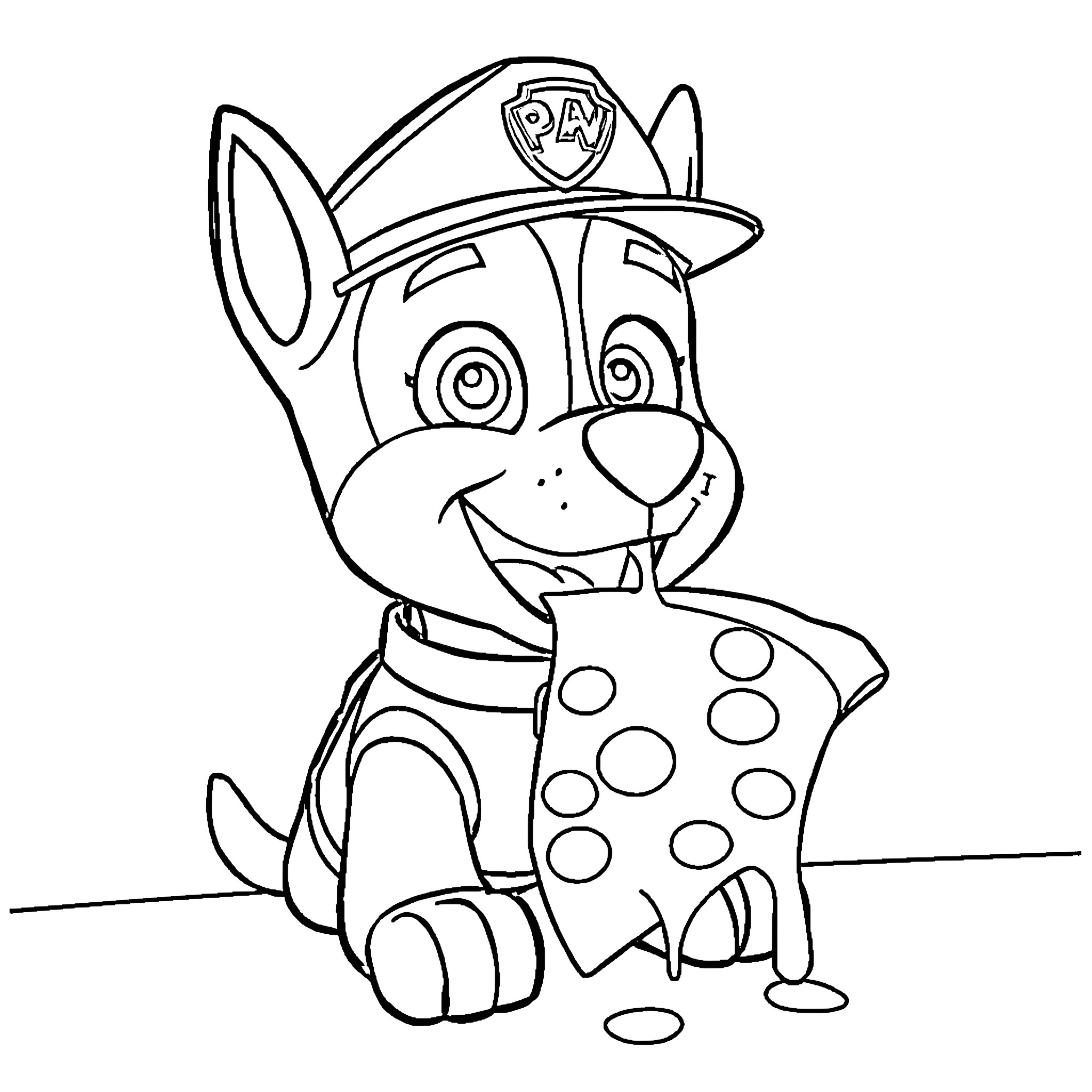 Paw Patrol character in uniform and spotty outfit Coloring Page (free black-and-white line drawing printable PDF for all, from beginners to advanced learners, including children, teens, adults, and seniors)