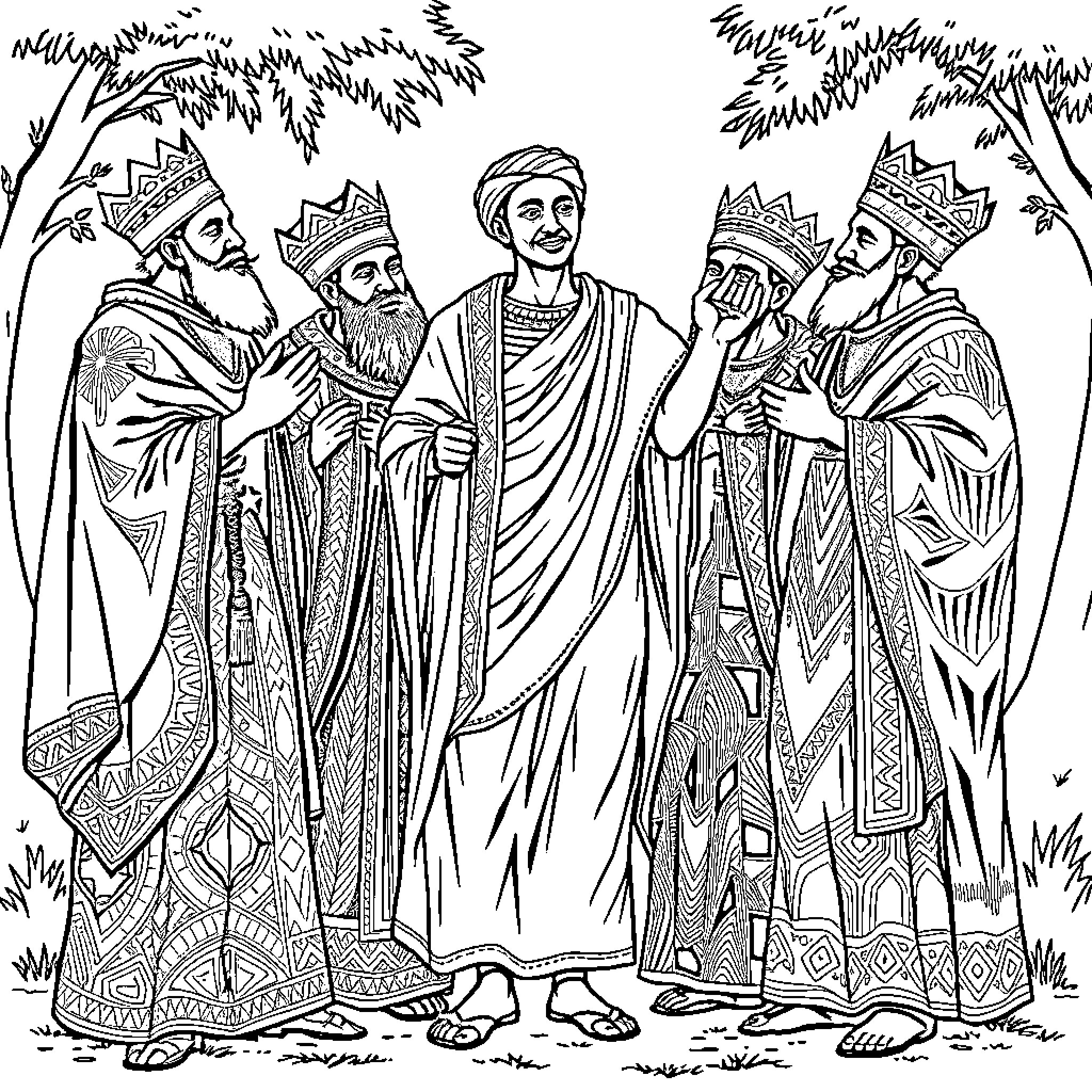 King and His Advisors in Ornate Robes Coloring Page (free black-and-white line drawing printable PDF for all, from beginners to advanced learners, including children, teens, adults, and seniors)