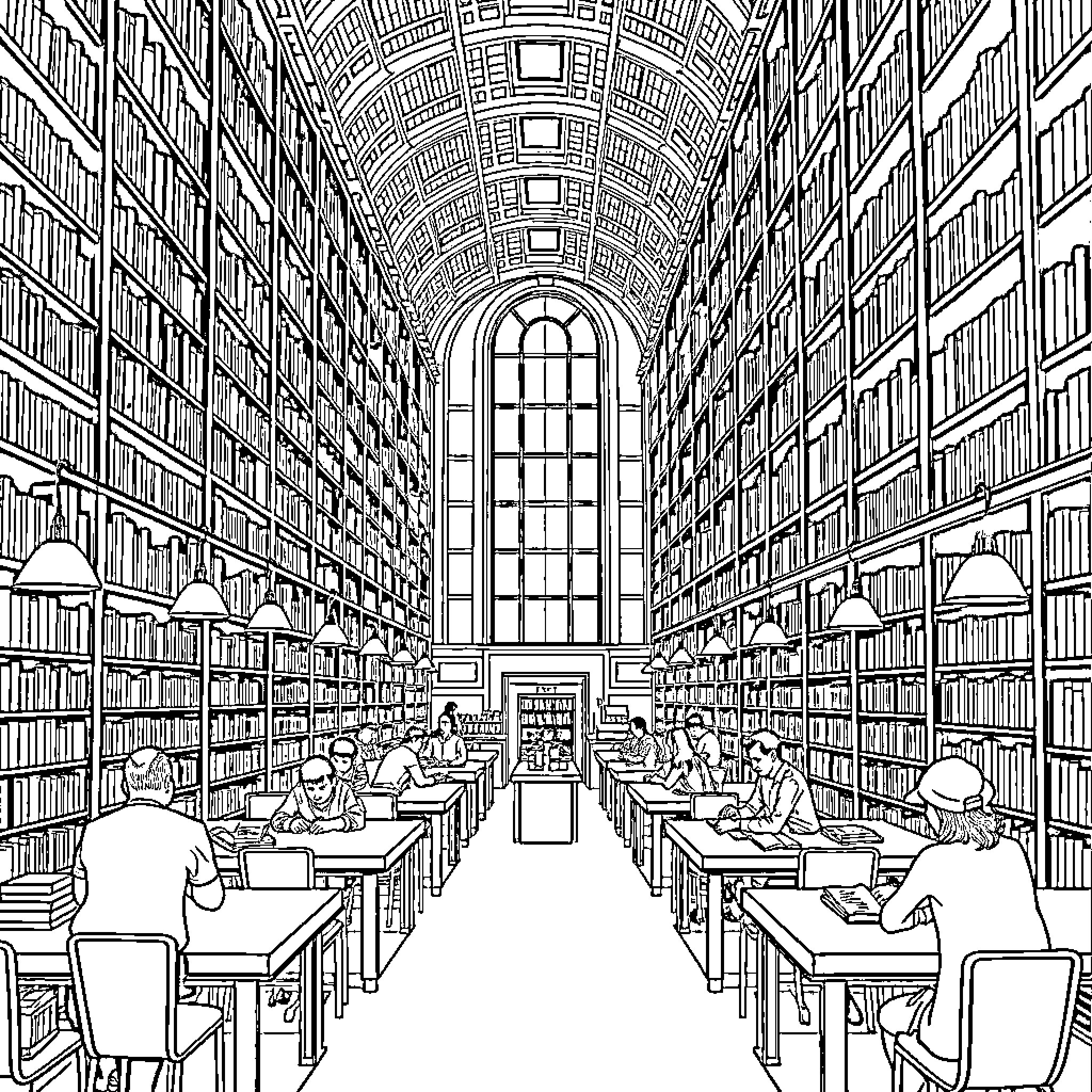 Library with students studying in reading room Coloring Page (free black-and-white line drawing printable PDF for all, from beginners to advanced learners, including children, teens, adults, and seniors)