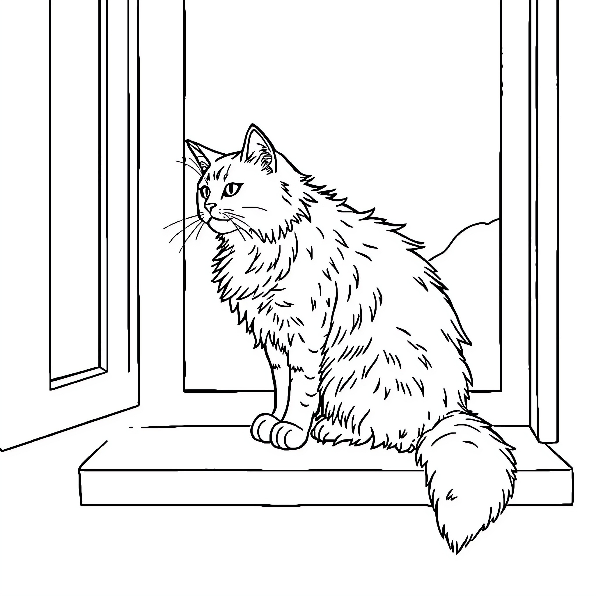 Cat gazing out of the window Coloring Page (free black-and-white line drawing printable PDF for all, from beginners to advanced learners, including children, teens, adults, and seniors)