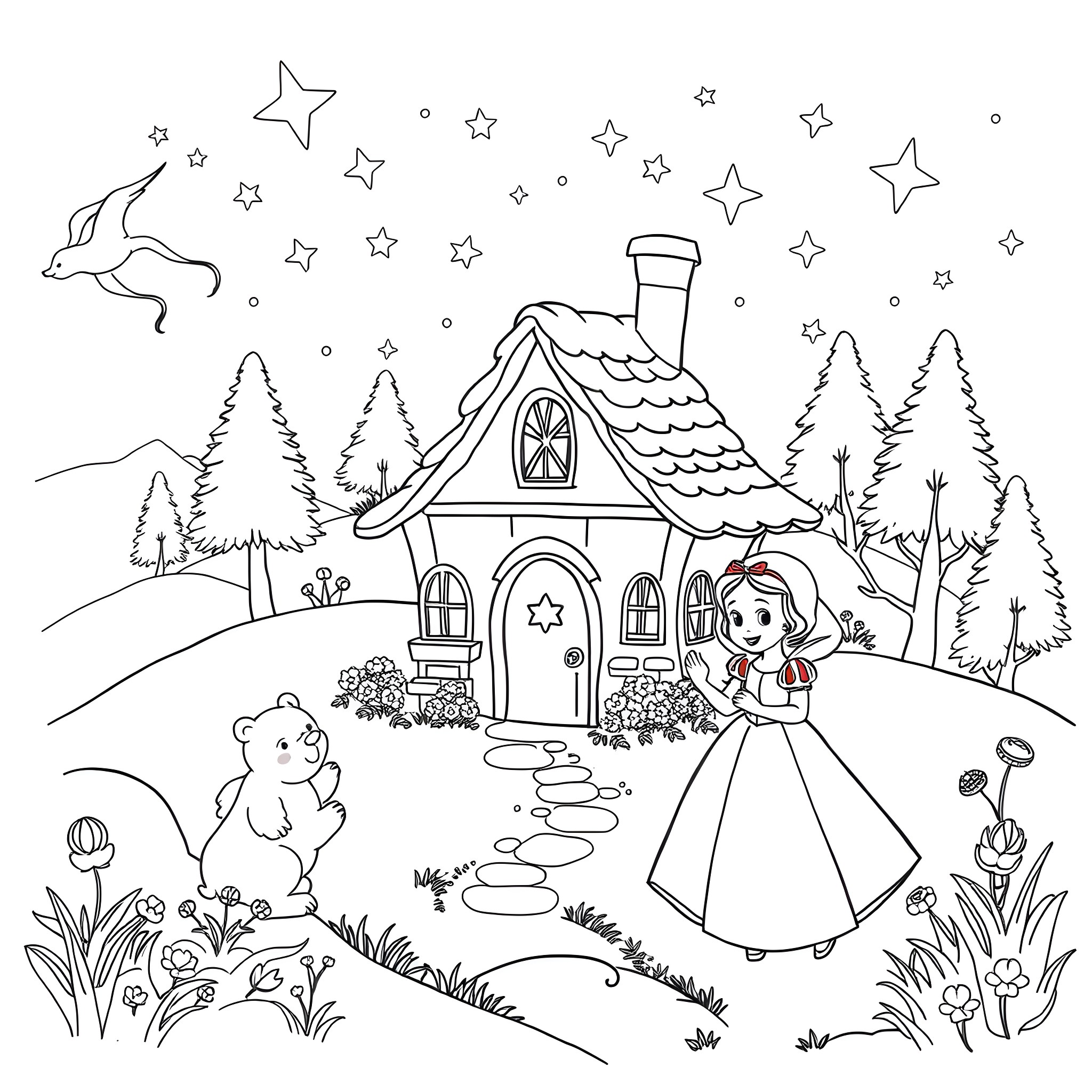 Snow White's Enchanted Cottage in the Snowy Forest Coloring Page (free black-and-white line drawing printable PDF for all, from beginners to advanced learners, including children, teens, adults, and seniors)