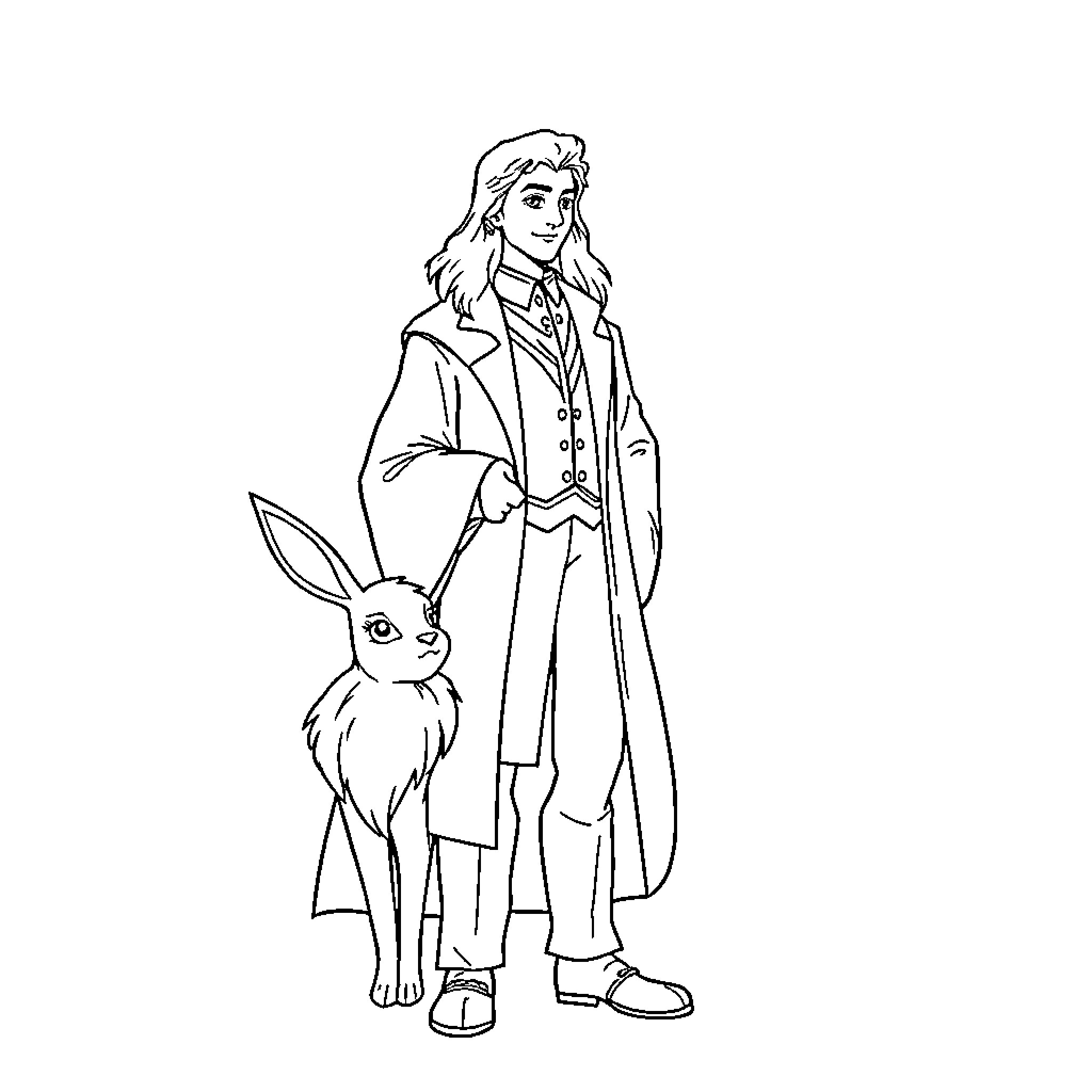 Professor Snape with Friendly Rabbit Companion Coloring Page (free black-and-white line drawing printable PDF for all, from beginners to advanced learners, including children, teens, adults, and seniors)