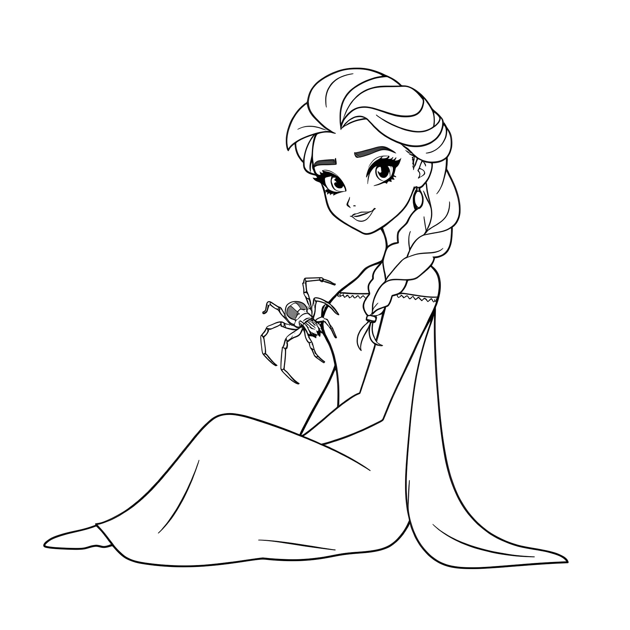 Elsa sitting with a spider Coloring Page (free black-and-white line drawing printable PDF for all, from beginners to advanced learners, including children, teens, adults, and seniors)