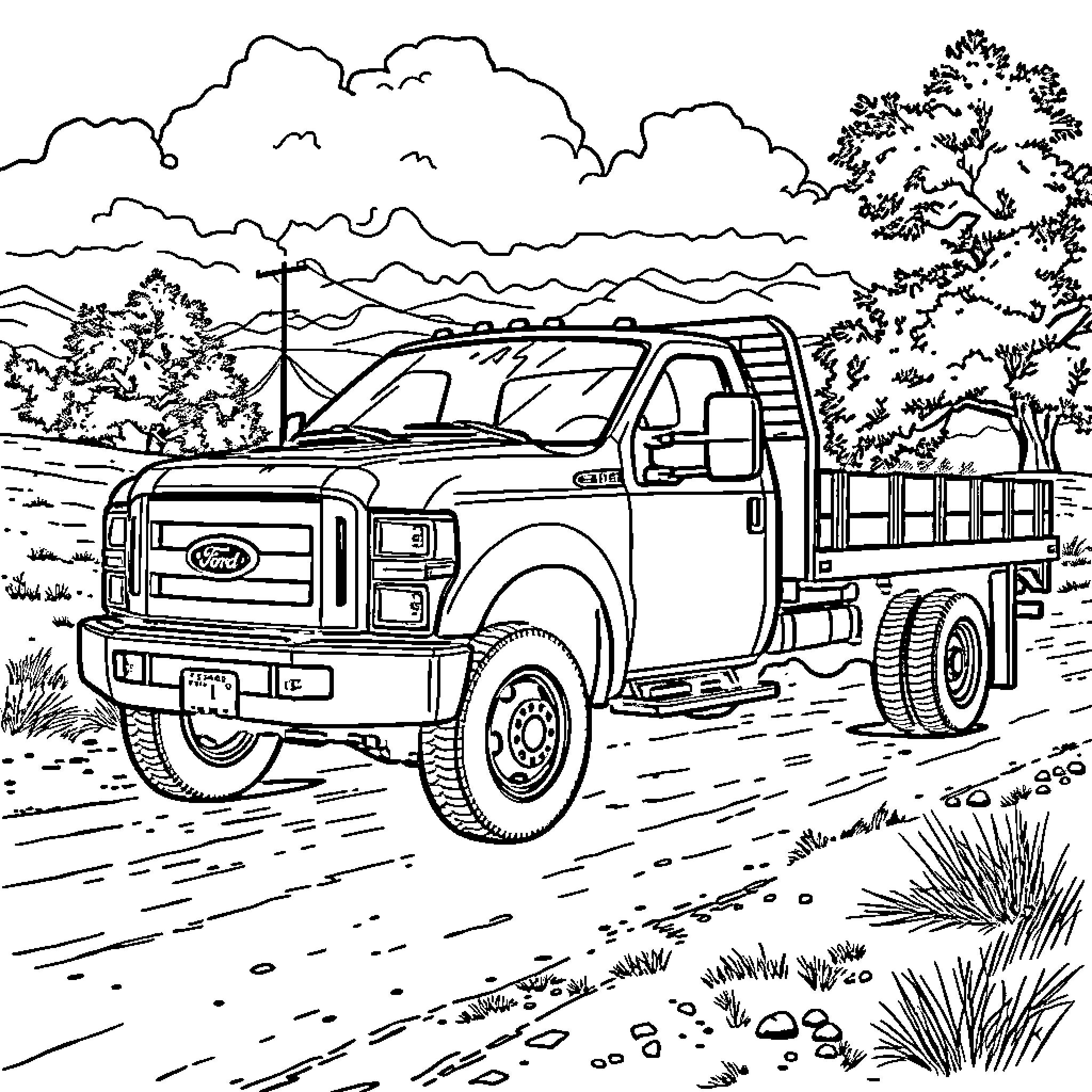 Ford F350 truck hauling cargo in the countryside Coloring Page (free black-and-white line drawing printable PDF for all, from beginners to advanced learners, including children, teens, adults, and seniors)