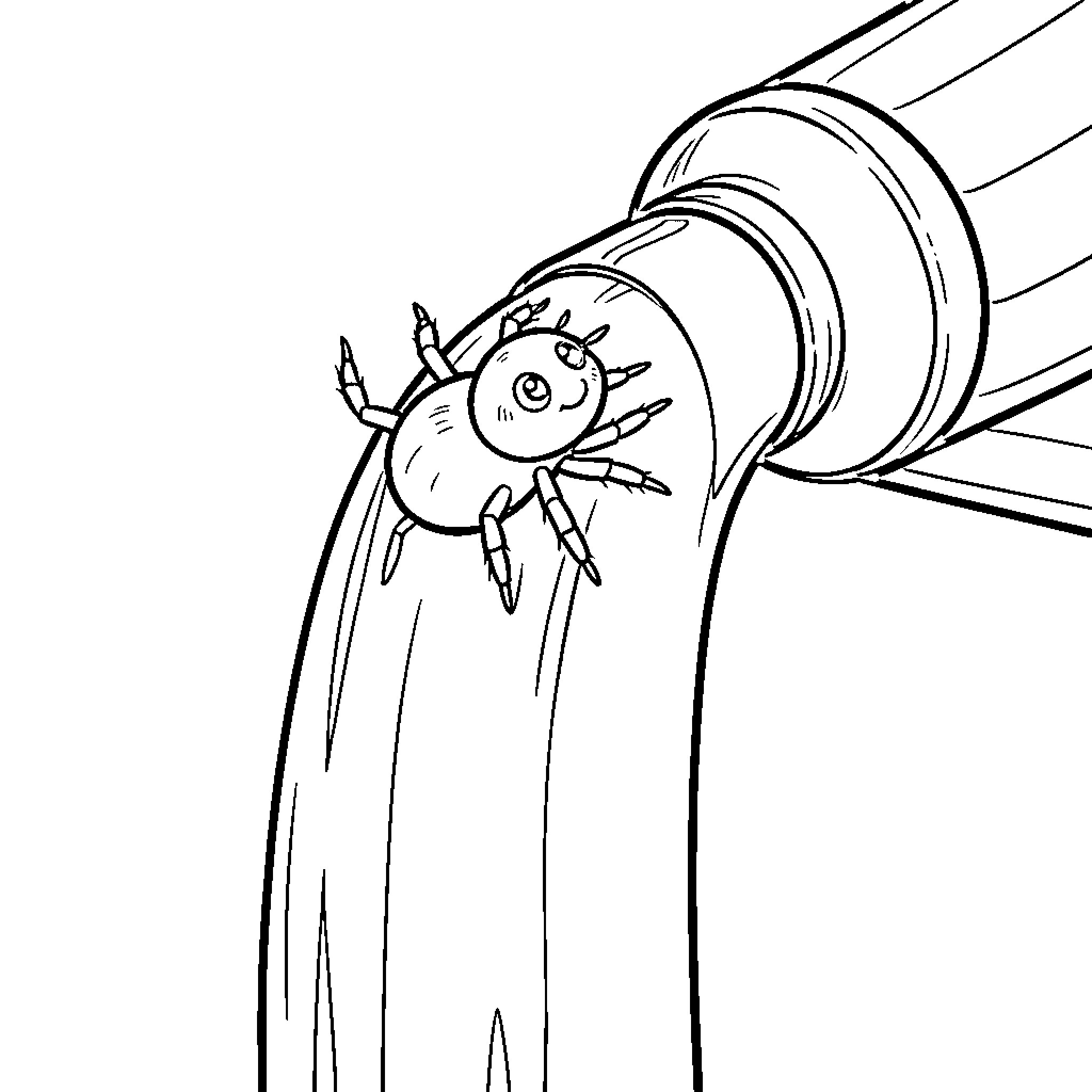 Spider emerging from tube with surprised expression Coloring Page (free black-and-white line drawing printable PDF for all, from beginners to advanced learners, including children, teens, adults, and seniors)