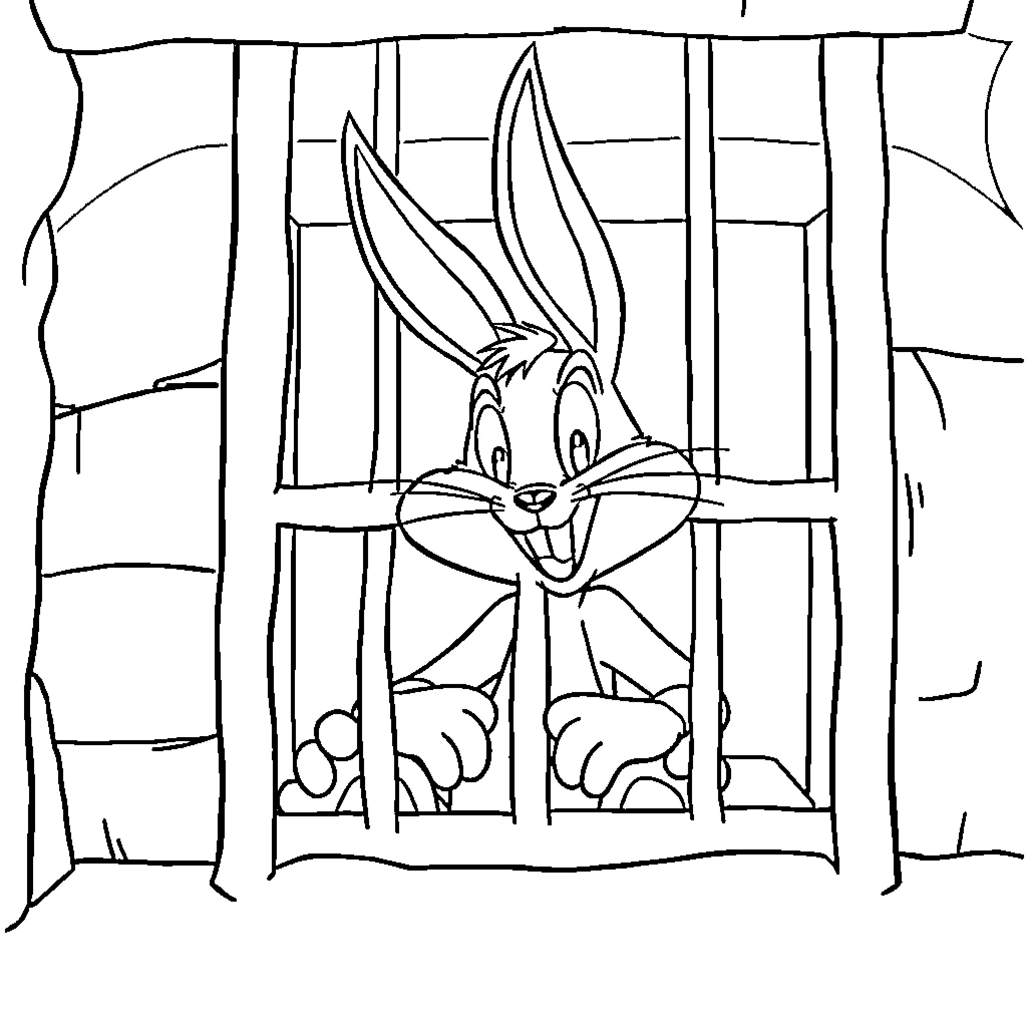 Bugs Bunny peeking through a prison cell Coloring Page (free black-and-white line drawing printable PDF for all, from beginners to advanced learners, including children, teens, adults, and seniors)